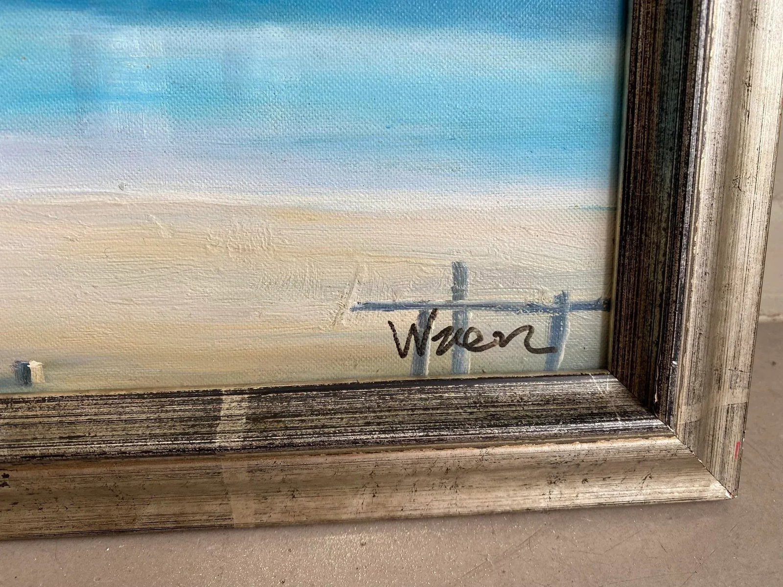 Vintage Surrealist Style Beach Scene Oil Painting, Framed - 2