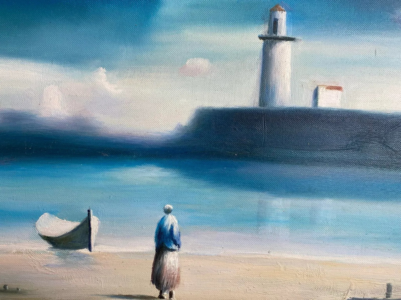 Vintage Surrealist Style Beach Scene Oil Painting, Framed - 3