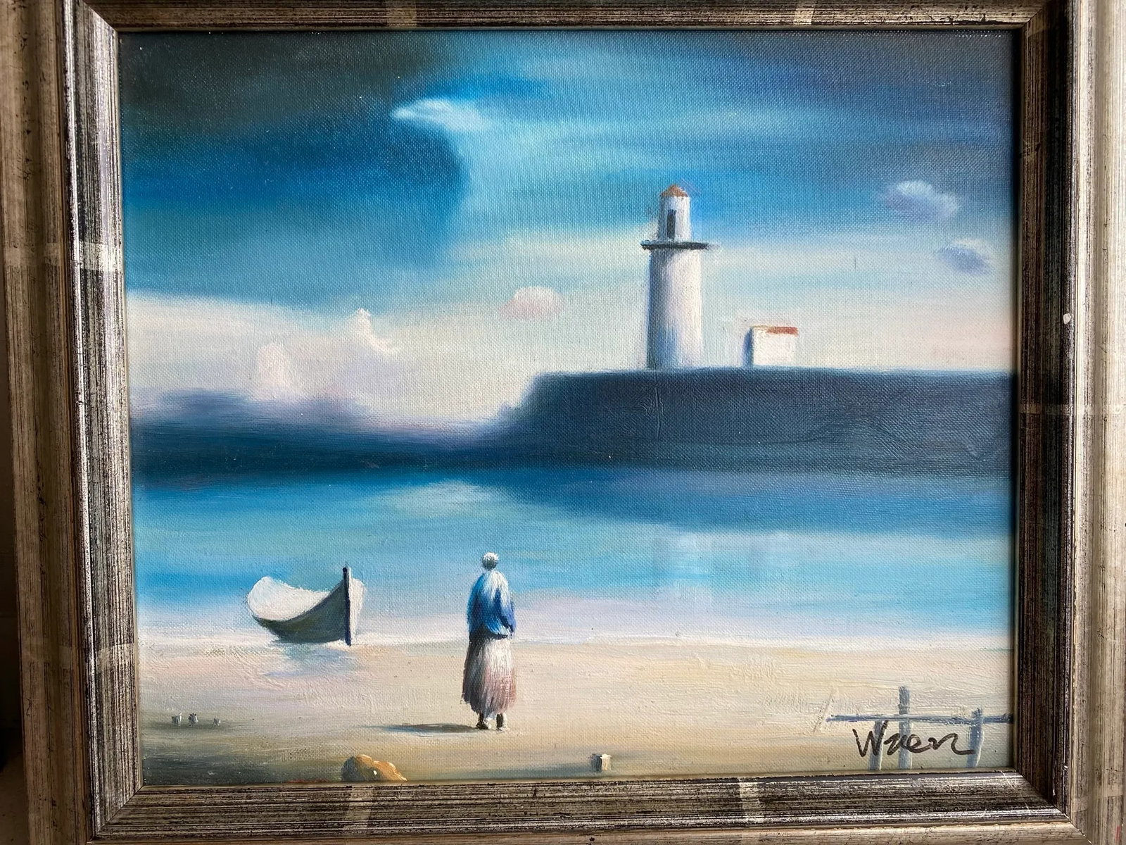 Vintage Surrealist Style Beach Scene Oil Painting, Framed - 4