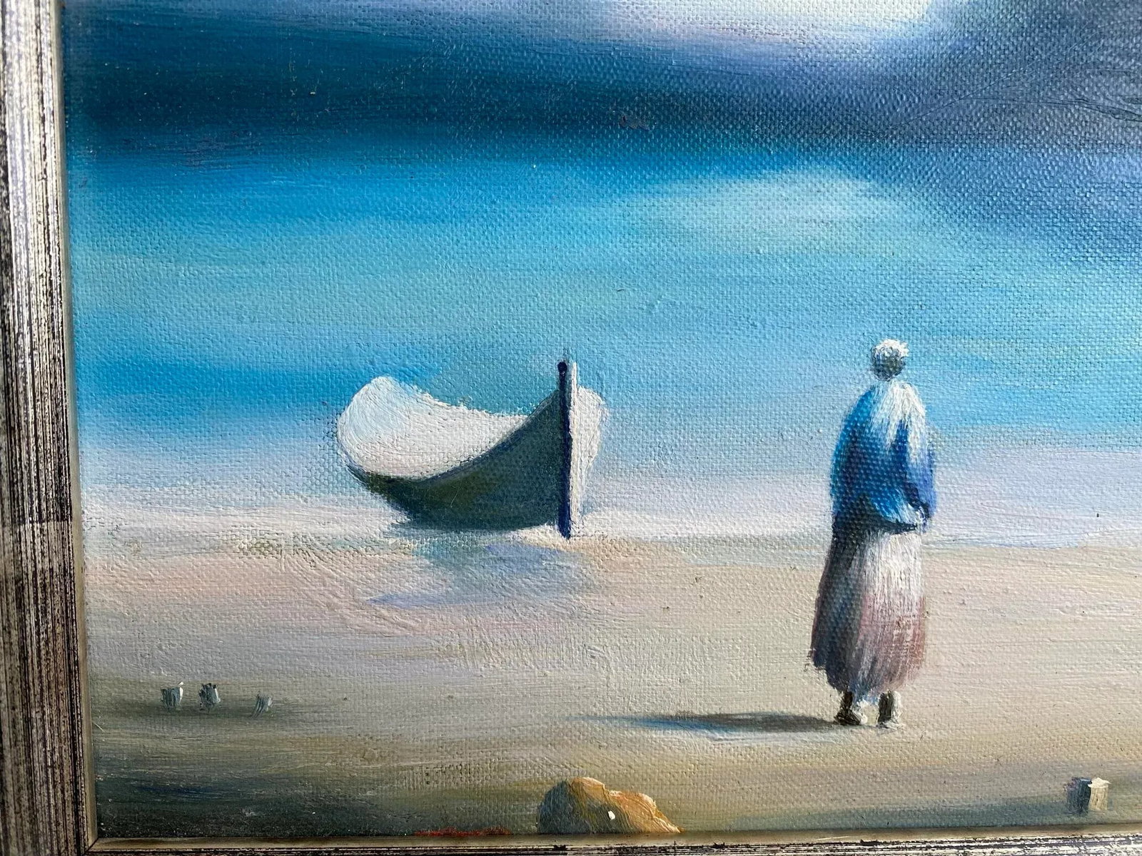 Vintage Surrealist Style Beach Scene Oil Painting, Framed - 6