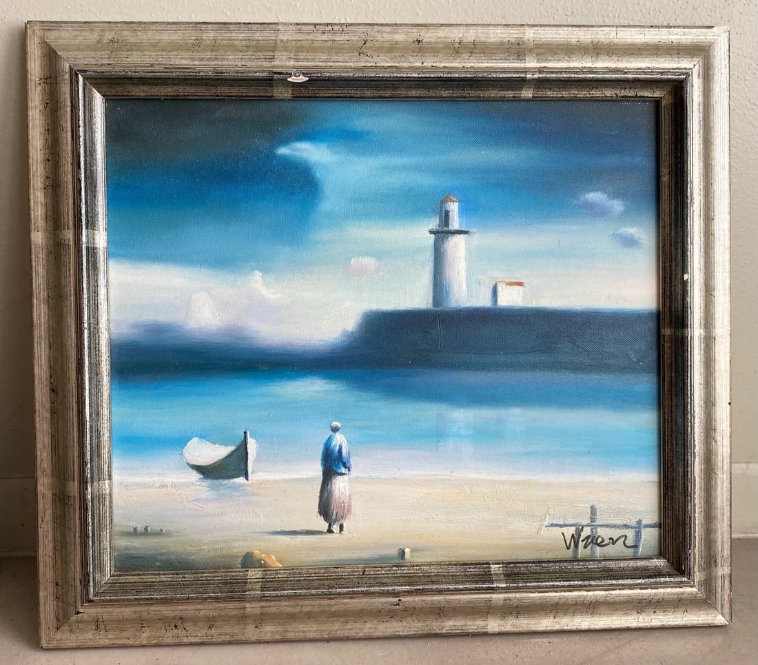 Vintage Surrealist Style Beach Scene Oil Painting, Framed - 8