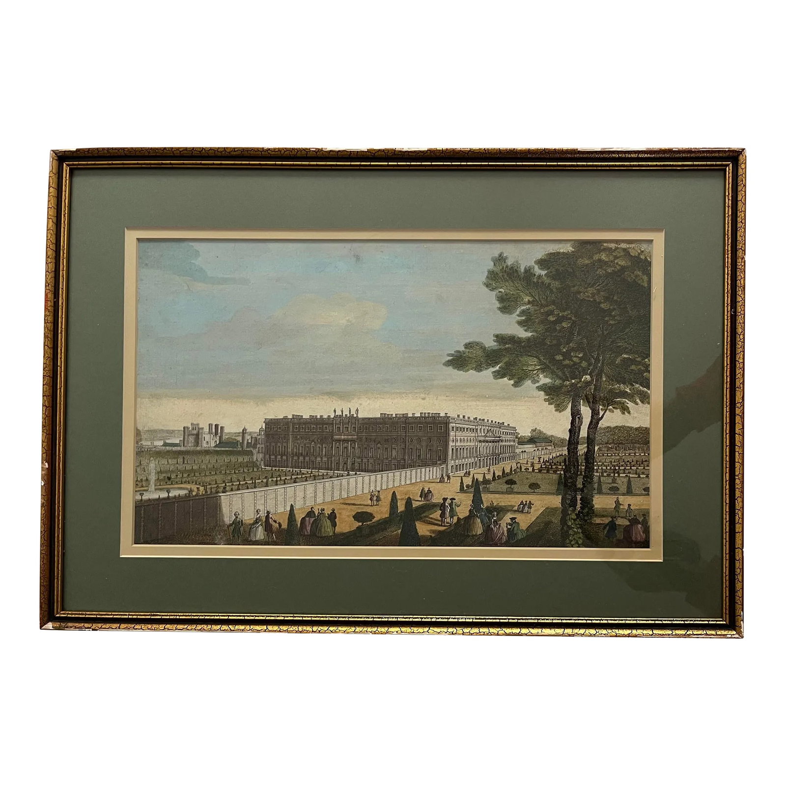 18th Century Hand Colored Engraving - a View of the Royal Palace of Hampton Court: This hand-colored engraving, "A view of Royal Palace of Hampton Court," is after work by Jacques Rigaud (1681 - 1754), engraved by Remigius Parr (1723 - 1760), and published by Robert Sayer (1725-1794
