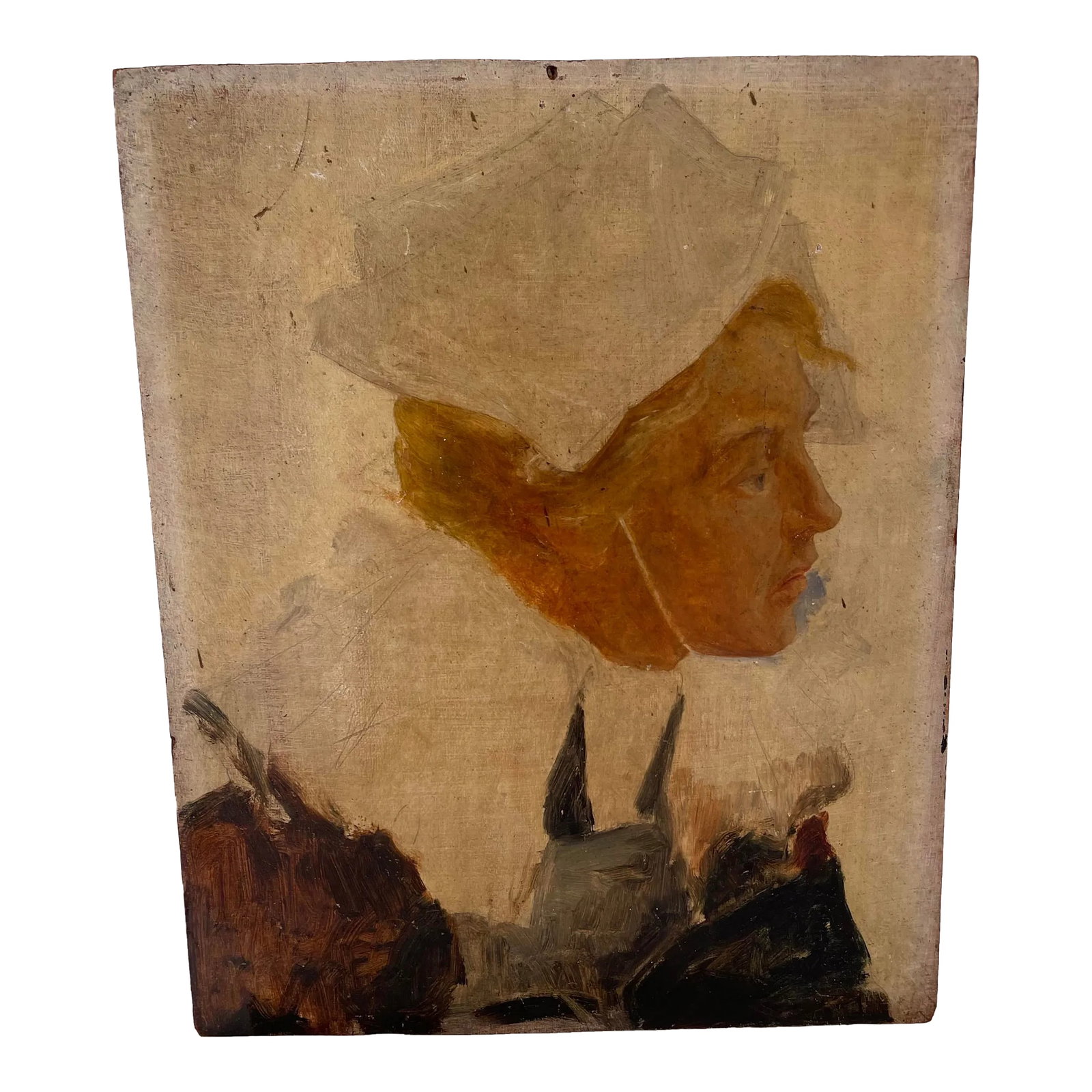 Early 20th Century Portrait Oil Painting of a Girl on Panel: Portrait young girl oil on panel late 19th Portrait of a young blonde girl dressed and wearing a traditional Breton dress A tall white collar enhances his haughty bearing The originality of this