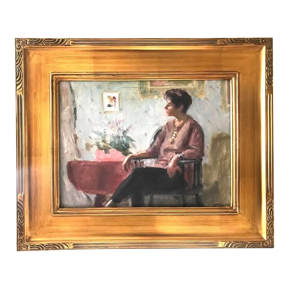 American Impressionist Oil Painting Portrait of a Seated Woman by Harry Barton: Original Vintage American Impressionist oil painting of a seated woman by Harry Barton. Oil on canvas with provenance from the estate of the artist with estate stamp signature on verso. Presented fram