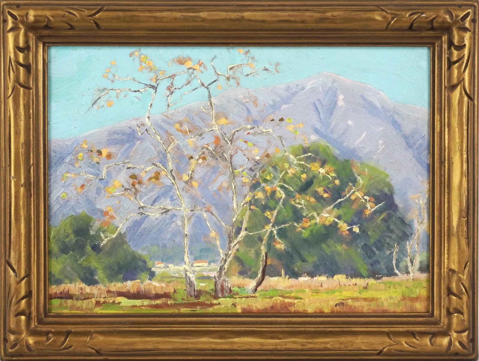 San Gabriel Mountains in Autumn Landscape California School 1930s: Beautiful California plein air painting of San Gabriel Mountains in autumn with iconic Sycamore tree in foreground. Circa 1960. Unsigned. Presented in vintage gilt-toned carved wood frame. Image