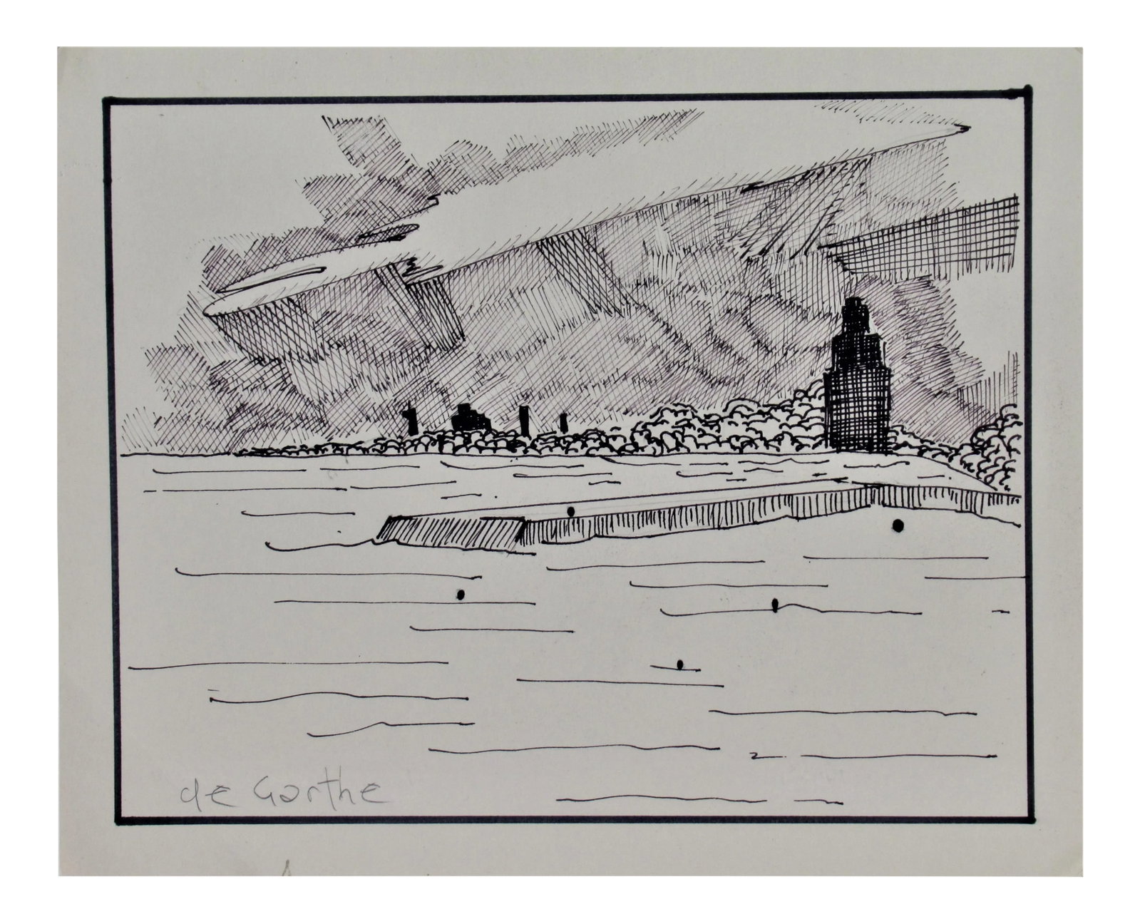 William De Garthe, Peggy's Cove, Nova Scotia Scenery, Circa 1950: This artwork "Peggy's Cove, Nova Scotia Scenery" c.1950 is an ink drawing on paper by Finns/Canadian artist William Edward De Garthe, 1907-1983. It is signed at the lower left corner by the artist. Th