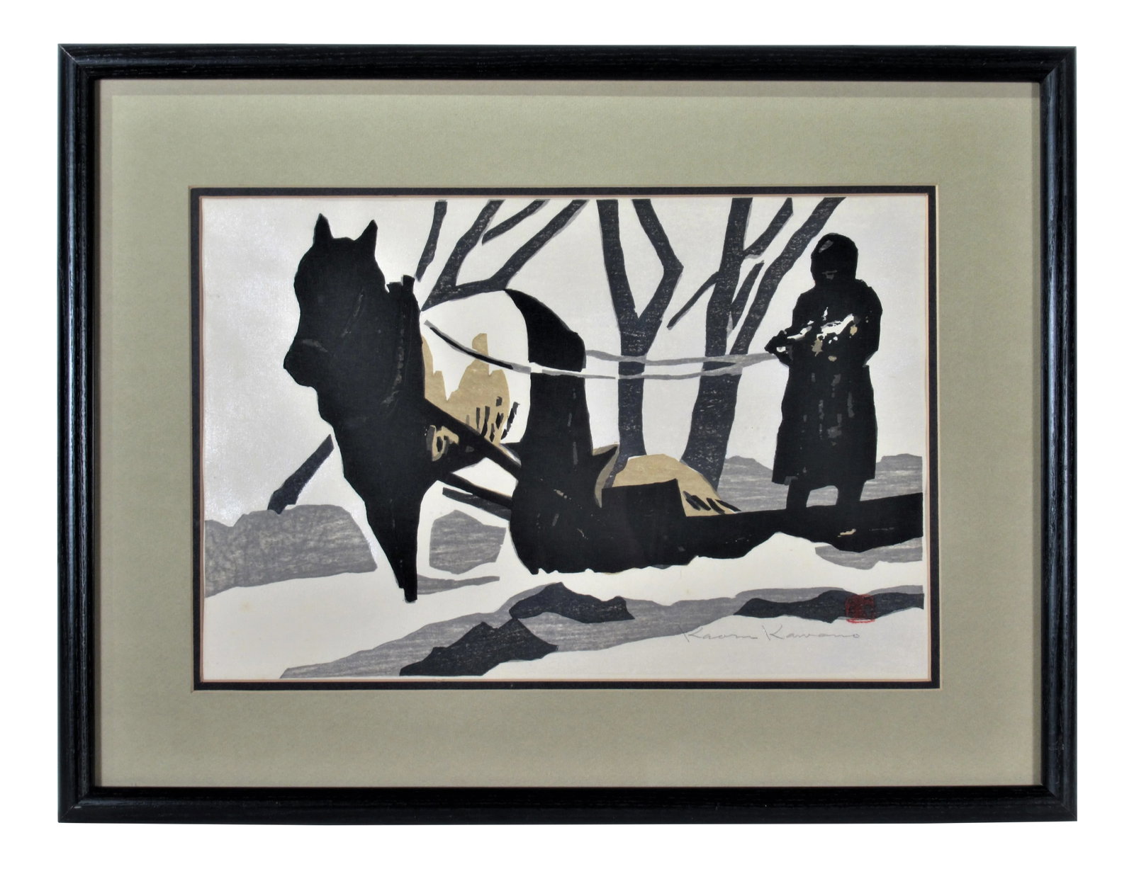 Kaoru Kawano, Horse Pulling a Sledge, Circa 1950: This artwork titled " Horse pulling a Sledge" c.1950 is an original woodcut on paper by noted Japanese artist Kaoru Kawano, 1916-1965. It is hand signed in pencil by the artist, with the seal stamp