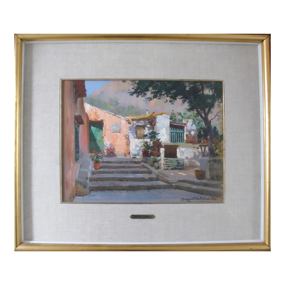 Mid 20th Century Terrazza (20th Century Impressionist Italy Village Painting), Sabatino Mirabella: A superb oil-on-wood Impressionistic scene of a Mediterranian country house, with the sun slanting in on the patio from overhead. One of those scenes that can't help but make you happy every time you