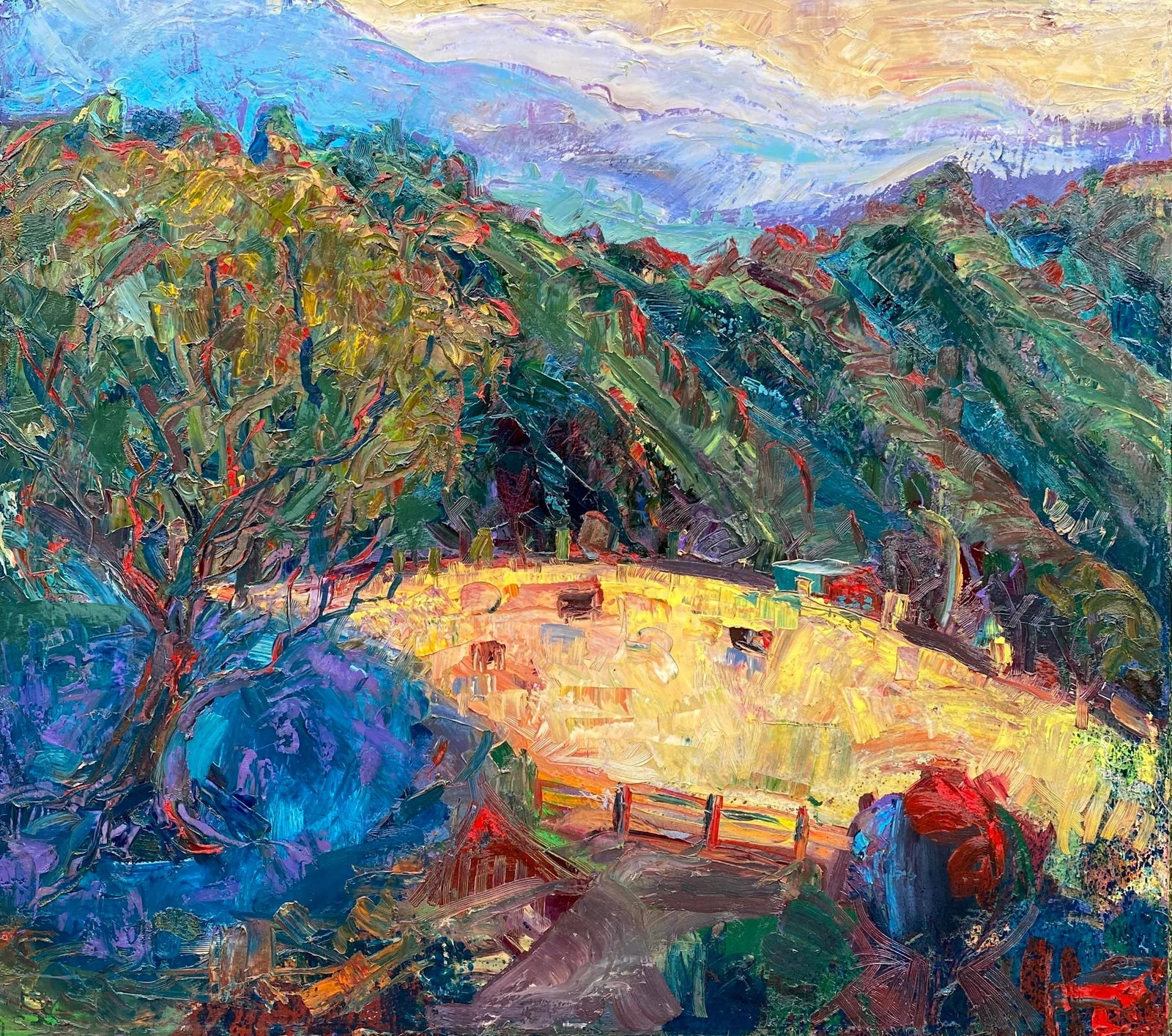 Mt. Diablo Mountain Landscape Expressionist Oil Painting by James Hartman: This large plein air painting was painted by me on Mt. Diablo alongside my mentors. There is a lot of color movement creating an overall light effect. This spot was a favorite of the Society of Six