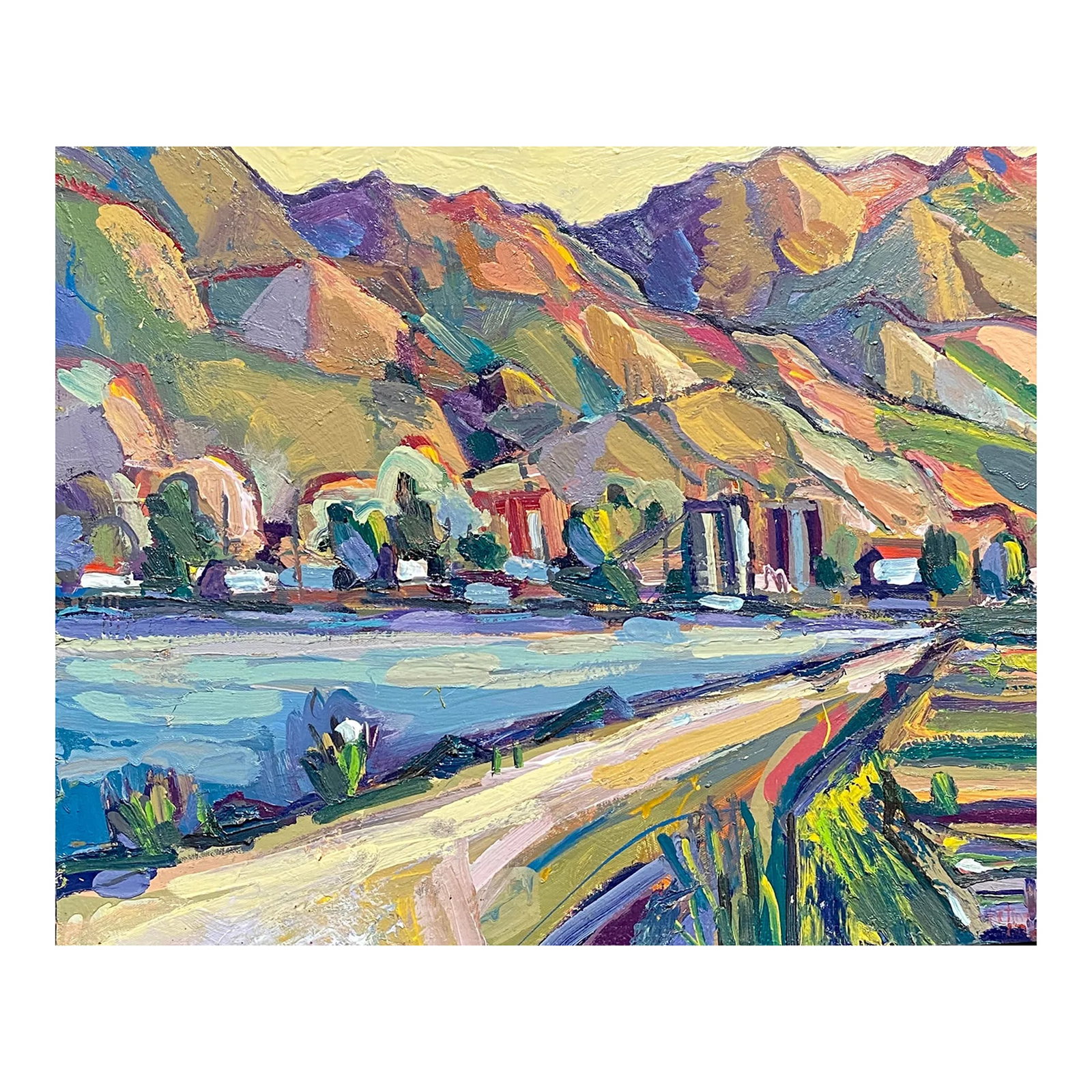 Berkeley Hills Expressionist Landscape Painting by Hartman: This painting was done en plein air in Berkeley facing the hills. I like this spot since the light is streaming in from the golden gate. This is a 20"x24" stretched canvas 3/4" deep with edges
