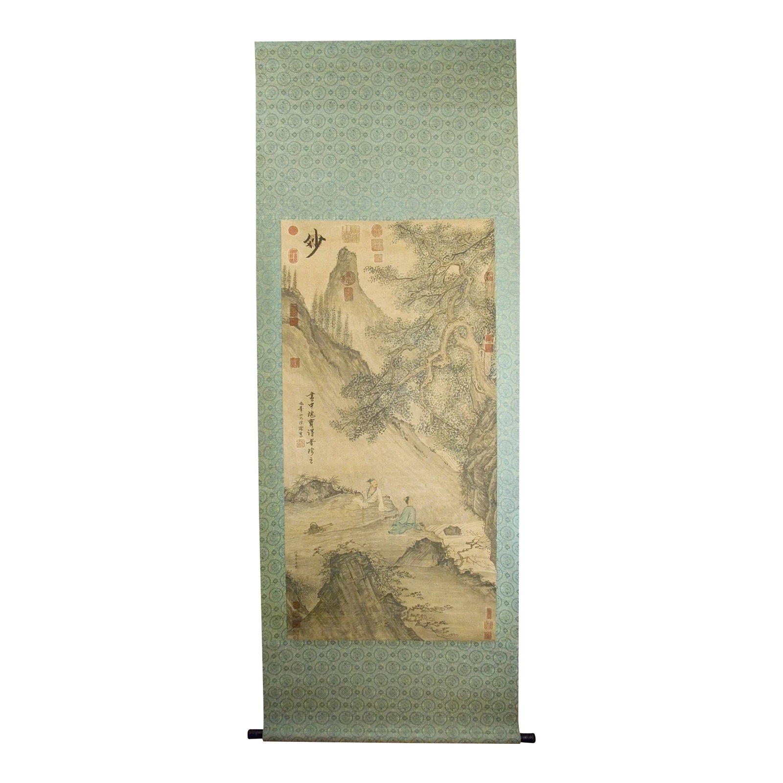 Early 20th Century Chinese Landscape Scroll: Chinese landscape scroll, freely drawn colored inks on heavy paper, mounted on a light and dark green and gold silk brocade in a dragon and fenghuang medallions lattice pattern, signed, with numerous