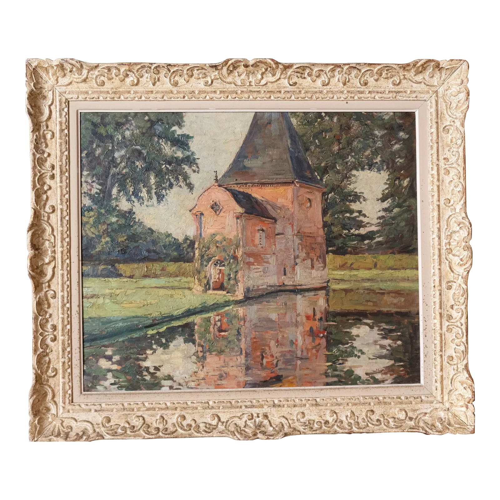 Circa 1900 "Chapel of the Imbleville Castle" Oil Painting by Pierre Munier-Jolain, Framed: Oil painting by Piere Munier-Jolain (1888-1922). Titled " Chapel of the Imbleville castle". this lovely painting is framed in a grey/cream elaborate frame. This painting was given to me by my grand-mo