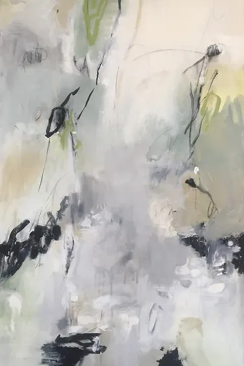 Original Abstract Landscape Painting Titled 'Seeds of Change': This original abstract painting is based on my Second Nature series and titled 'Seeds of Change'. This painting is a minimal abstract with shades of grey some green black white and lots of interesting