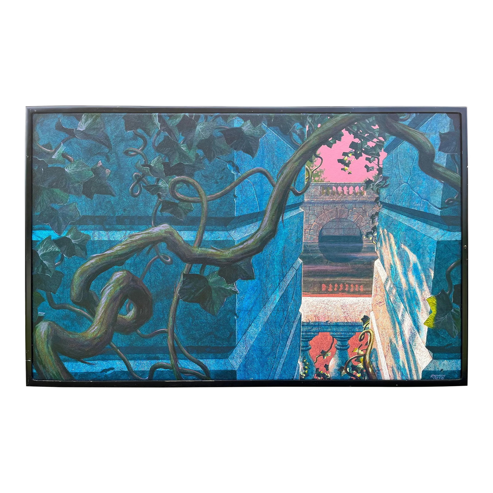 "Nimes 49" Large Oil Painting by George Kozmon, 1989: Large oil painting, "Nimes 49" by George Kozmon. A dark and dramatic depiction of a secluded courtyard in Nimes with a rosy sunset and a romantic bridge framed by exterior walls and a twisting