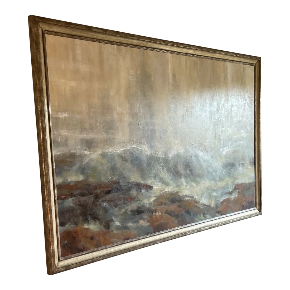 Original Impressionist Style Seascape Oil Painting of Waves Crashing on Rocks by Simon Addyman: Original, commissioned oil painting on Canvas. Unframed measurements are 10ft wide by 6 ft high. Condition: Alterations: Original Condition Unaltered Imperfections: Some Imperfections Condition