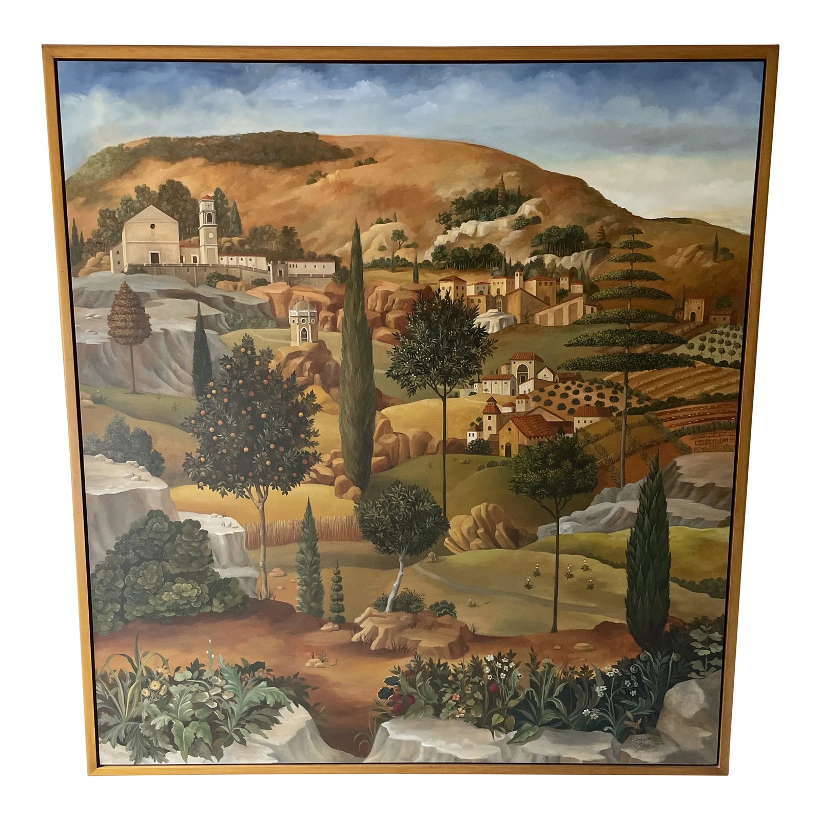 Original Sicilian Countryside Landscape Framed Oil Painting on Canvas by Maria Apelo Cruz and Simon: Commissioned artwork inspired by a Sicilian countryside village. Framed by a neutral wood toned, streamlined frame. Unframed measurements are 78.25" Wide by 84" Height. Signed by both artists.