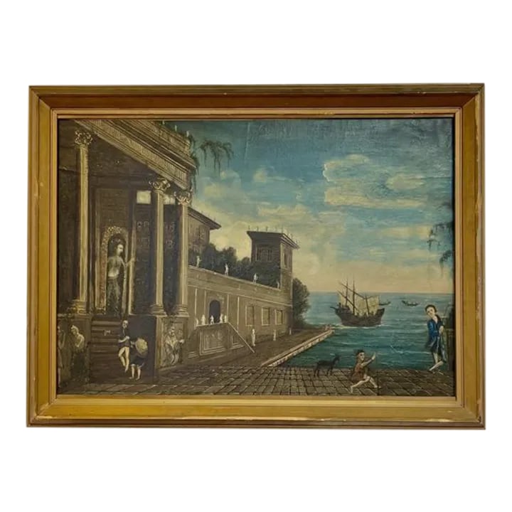 18th Century Naive Figurative Painting of Venice, Framed: Late 18th-early 19th Century charming oil on canvas, naive Venice scene. Condition: Alterations: Original Condition Unaltered Imperfections: Some Imperfections Condition Notes: Excellent condition,