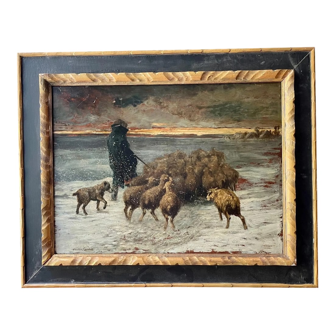 French Barbizon Painting "Sheep in Blizzard" Signed Gustave Courbet.: French 19th Century Barbizon Painting "Sheep in Blizzard" signed Gustave Courbet. Beautiful and moody painting in oil on wood board. It is signed in the lower left, "Gustave Courbet". We, at Clune Ant