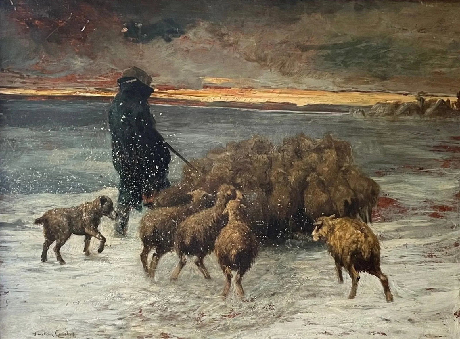 French Barbizon Painting "Sheep in Blizzard" Signed Gustave Courbet. - 2