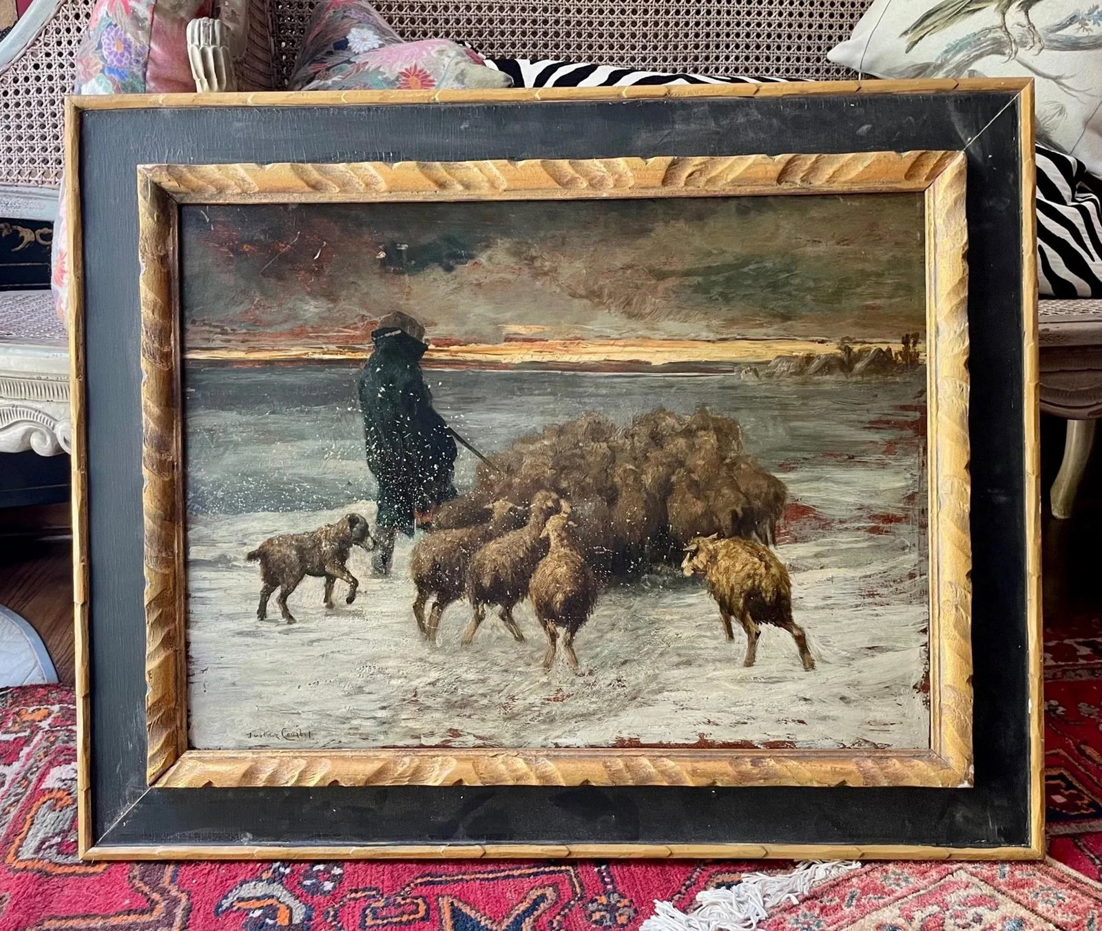 French Barbizon Painting "Sheep in Blizzard" Signed Gustave Courbet. - 9