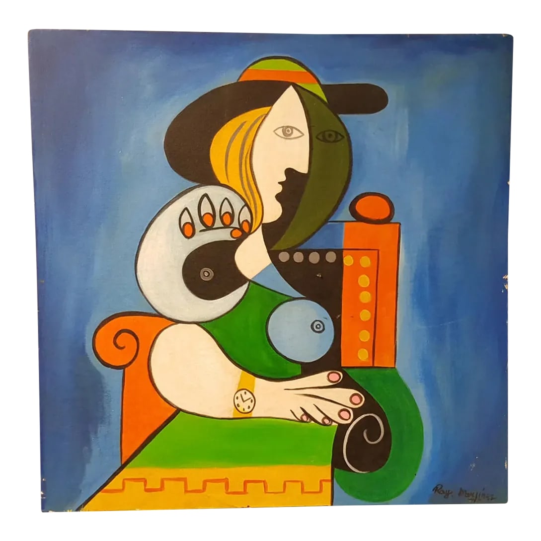 1930s Ray Martinez "Woman With Watch" Cubist Portrait Painting: Pablo Picasso "Woman With Watch" Rendering by Artist Ray Martinez 1930s. Artist Ray Martinez Rendition Of Pablo Picasso "Woman With Watch" Femme a La Montre. Ray Martinez Is A Mexican Artist. The Rend