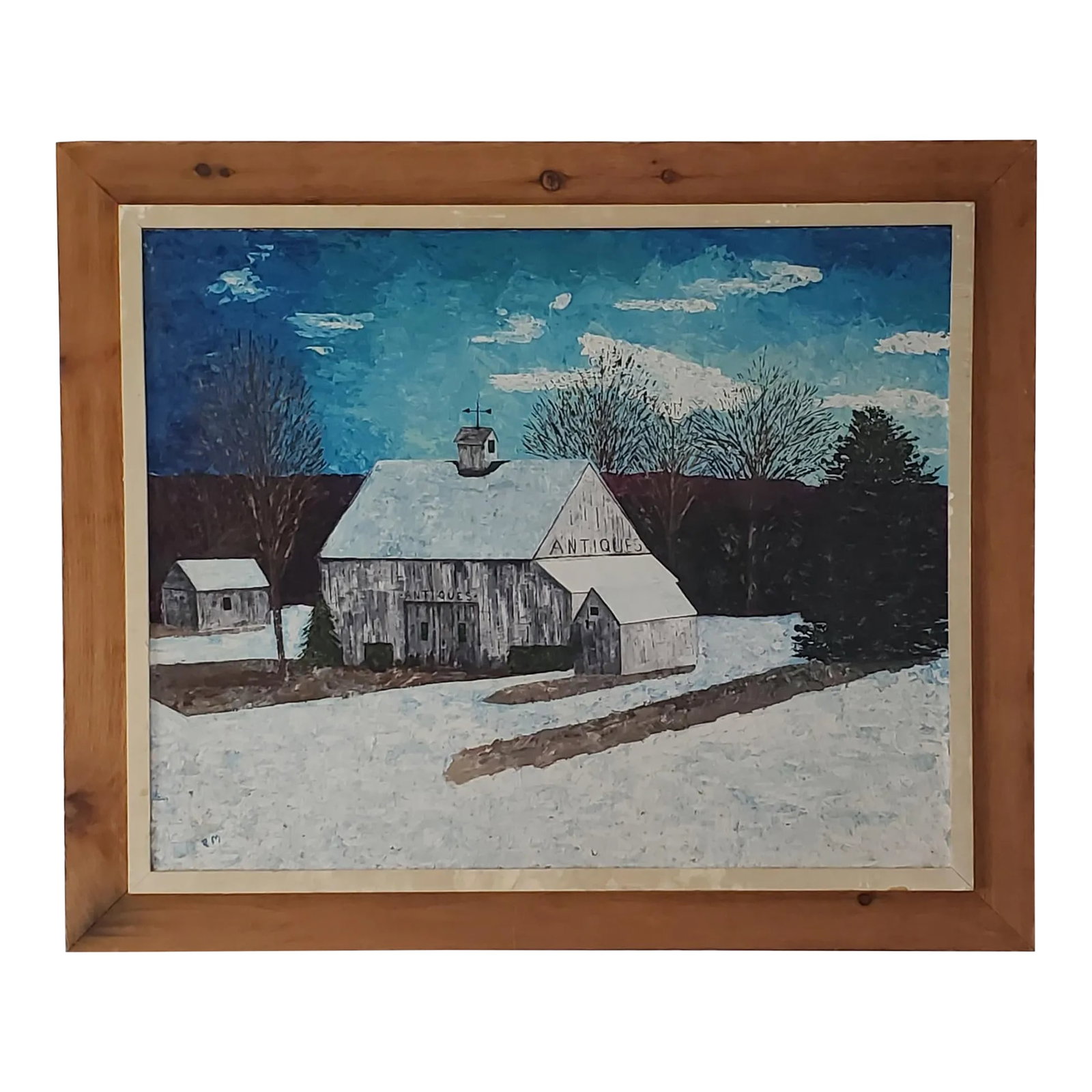 Vintage Oil Painting on Board of an Antique Barn by Paul McFadden, Framed: Beautiful Folk Art Painting by listed Canadian Folk Artist Paul McFadden. Born 1951. Still active in New Brunswick Canada. Represents local Barn. Artist made frame. Height 30 inches Width 36 inches