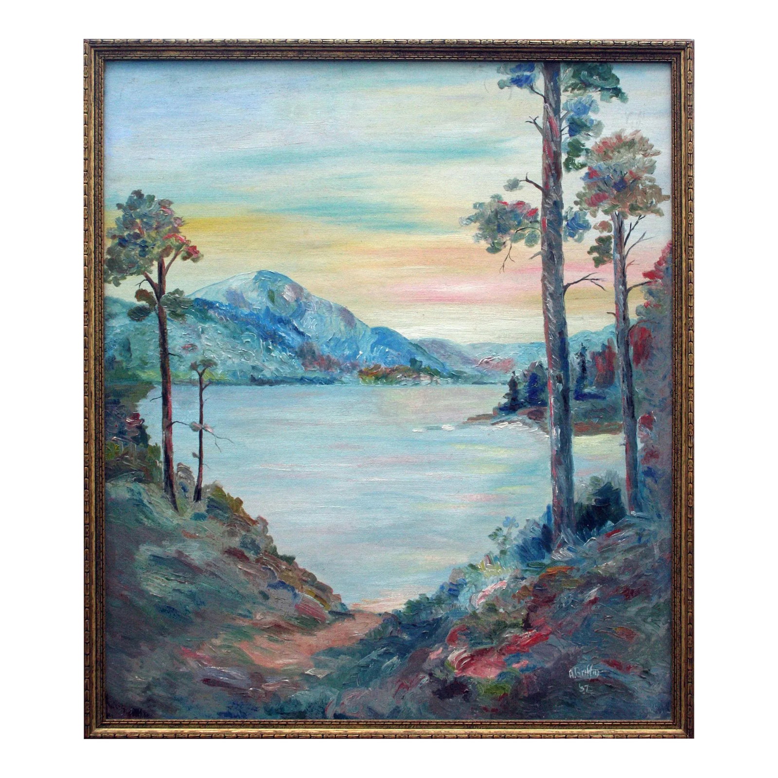 1930s "Pathway to the Lake" Mountain Landscape Painting by A. Griffin, Framed (1 of 7)