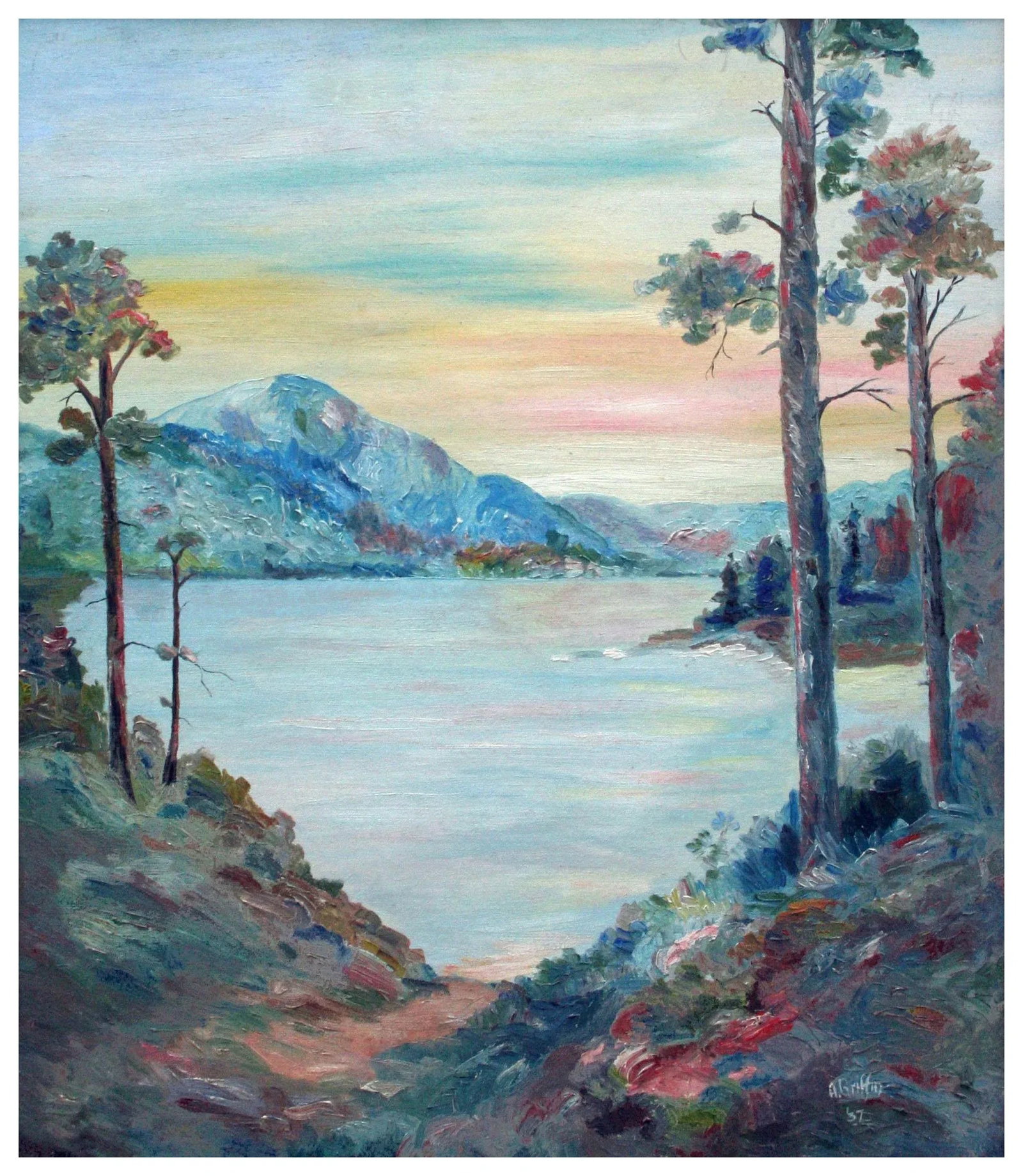 1930s "Pathway to the Lake" Mountain Landscape Painting by A. Griffin, Framed - 2