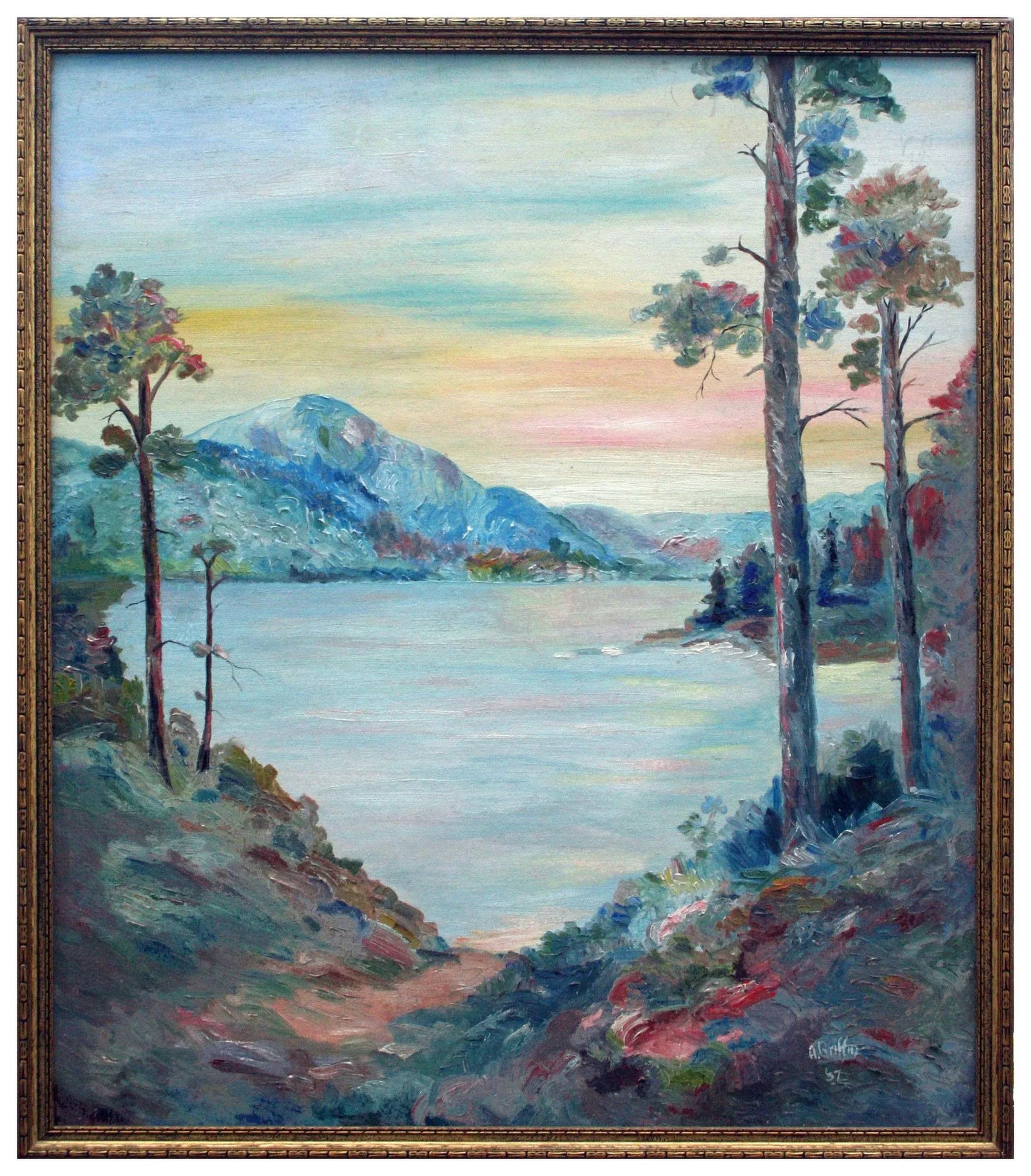 1930s "Pathway to the Lake" Mountain Landscape Painting by A. Griffin, Framed - 7