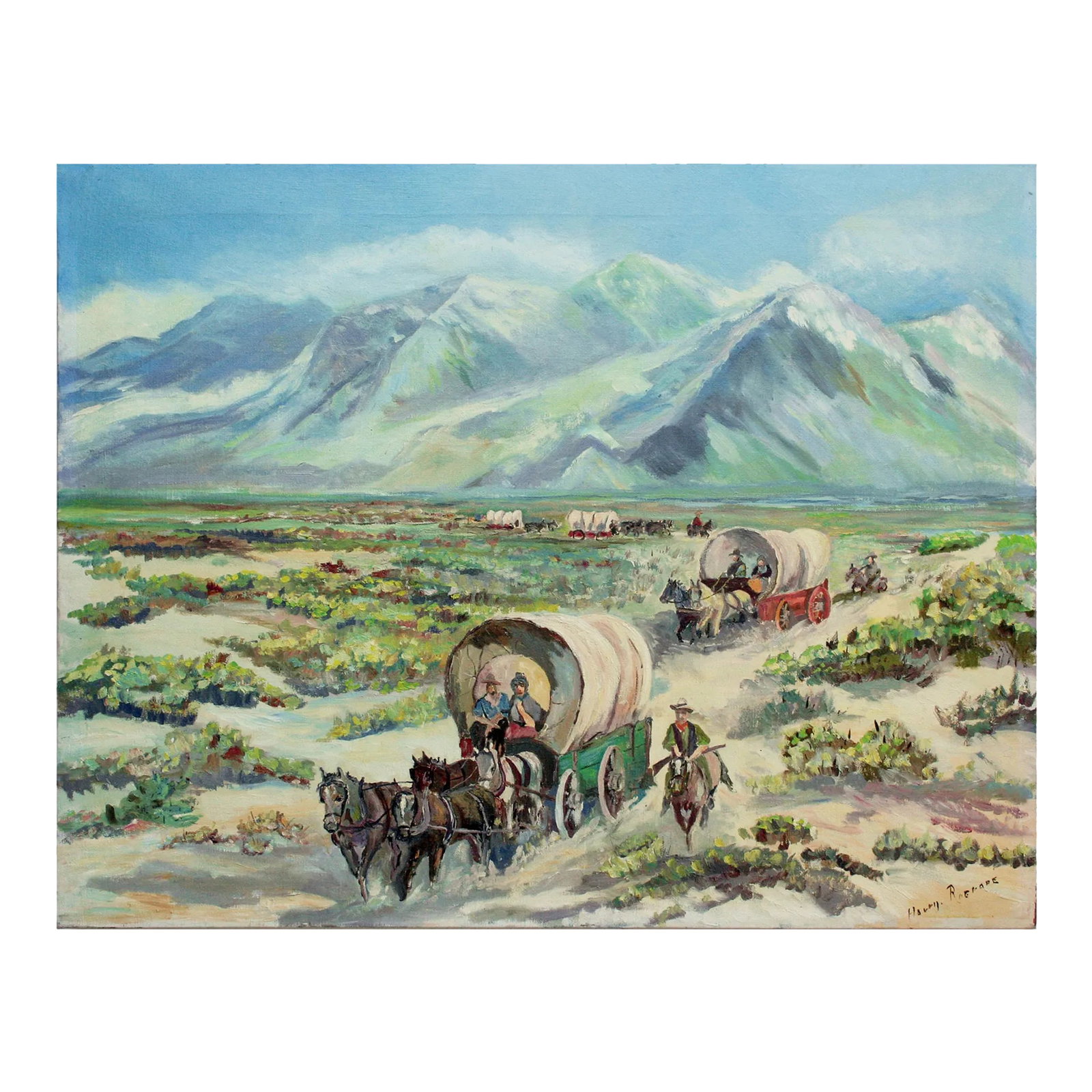 1970s "Oregon Trail" Western Figural Landscape Painting by Harry Roerade (1 of 4)