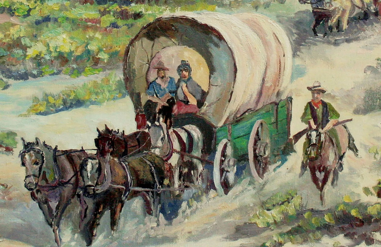 1970s "Oregon Trail" Western Figural Landscape Painting by Harry Roerade - 2