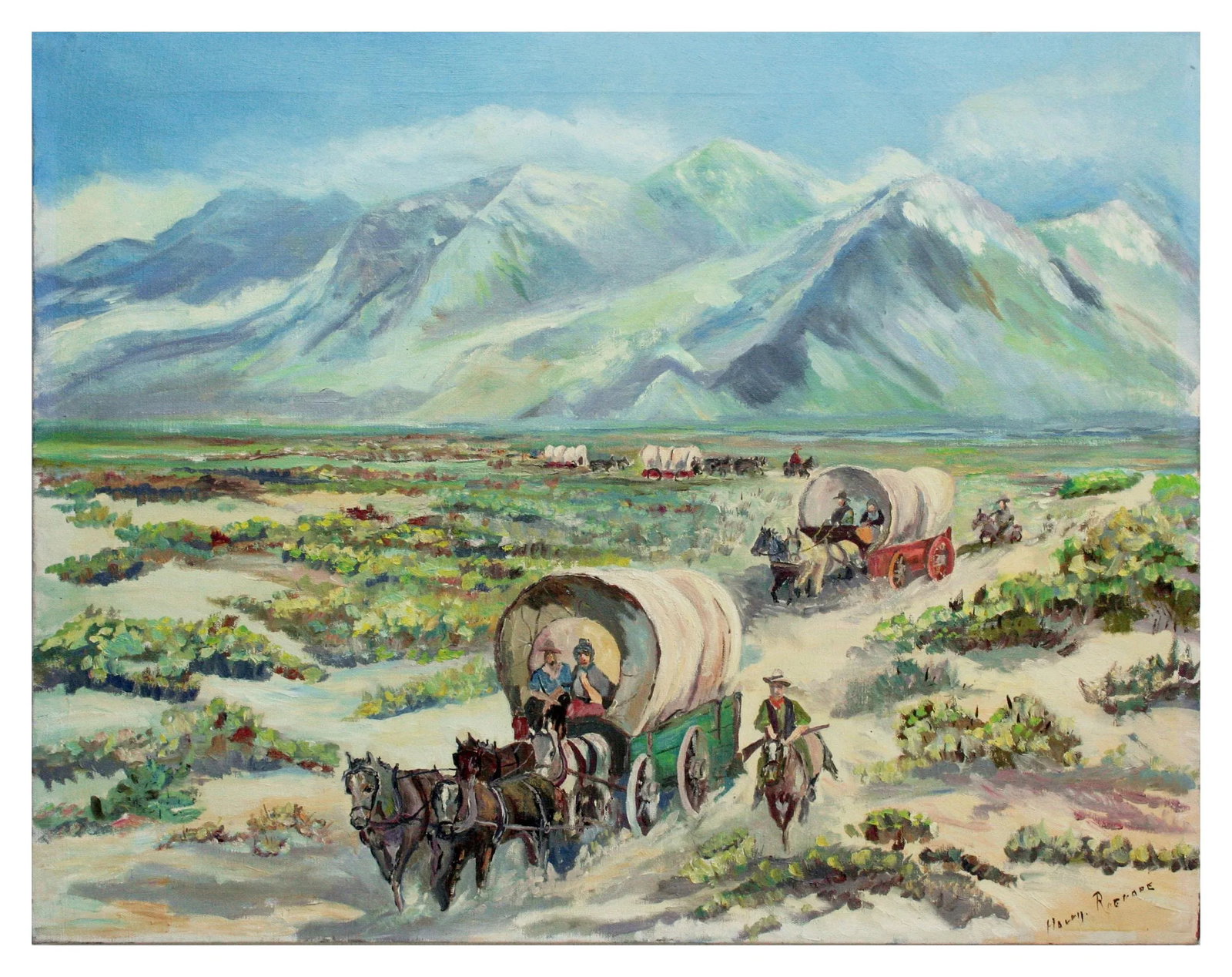 1970s "Oregon Trail" Western Figural Landscape Painting by Harry Roerade - 4