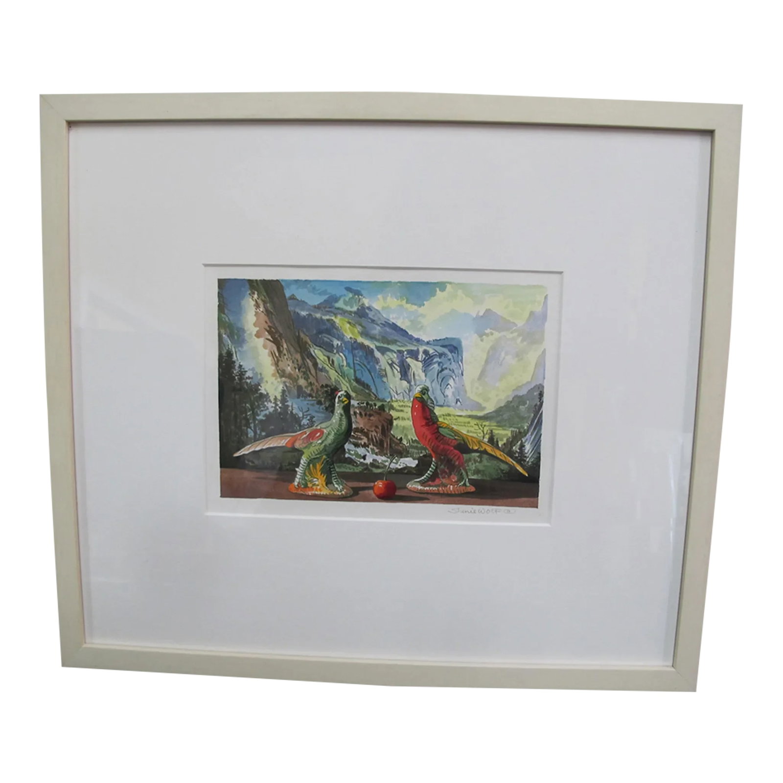Sherrie Wolf Oregon Signed Watercolor Painting Parrots With Yosemite View: Portland, Oregon artist Sherrie Wolf framed watercolor painting on paper, "Parrots with Yosemite View", 2008. Signed at lower right. Frame measures 18.75" x 16.5", watercolor measures 8.75" x 6". As