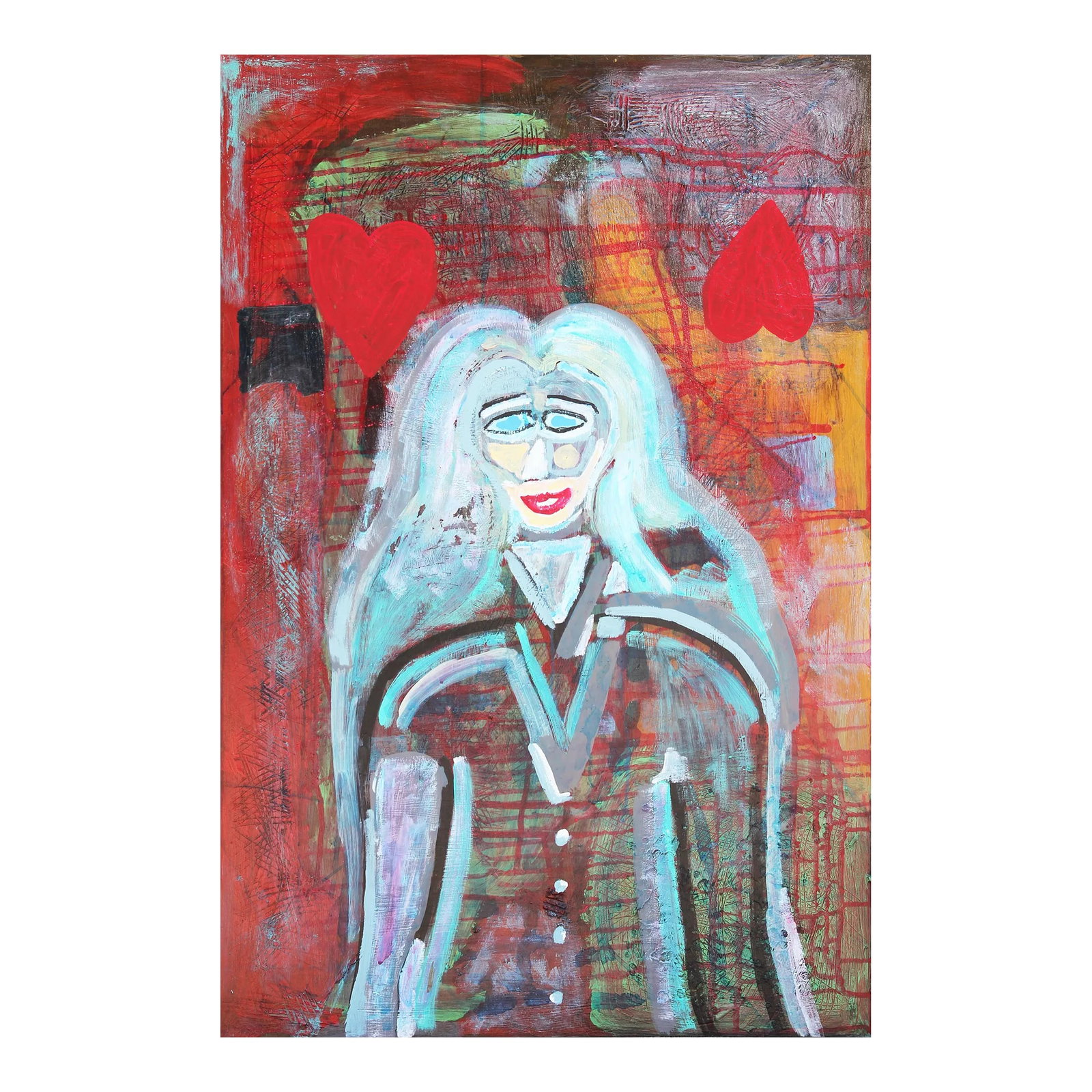 2016 "Maybe, Maybe Not" Blue and Red Abstract Longitudinal Female Portrait Painting by Paul Reeves: Red and blue longitudinal abstract figurative painting by Reeves Art + Design owner and Houston, TX artist Paul Reeves. This piece depicts a woman with blue and white hair against a red abstract backg