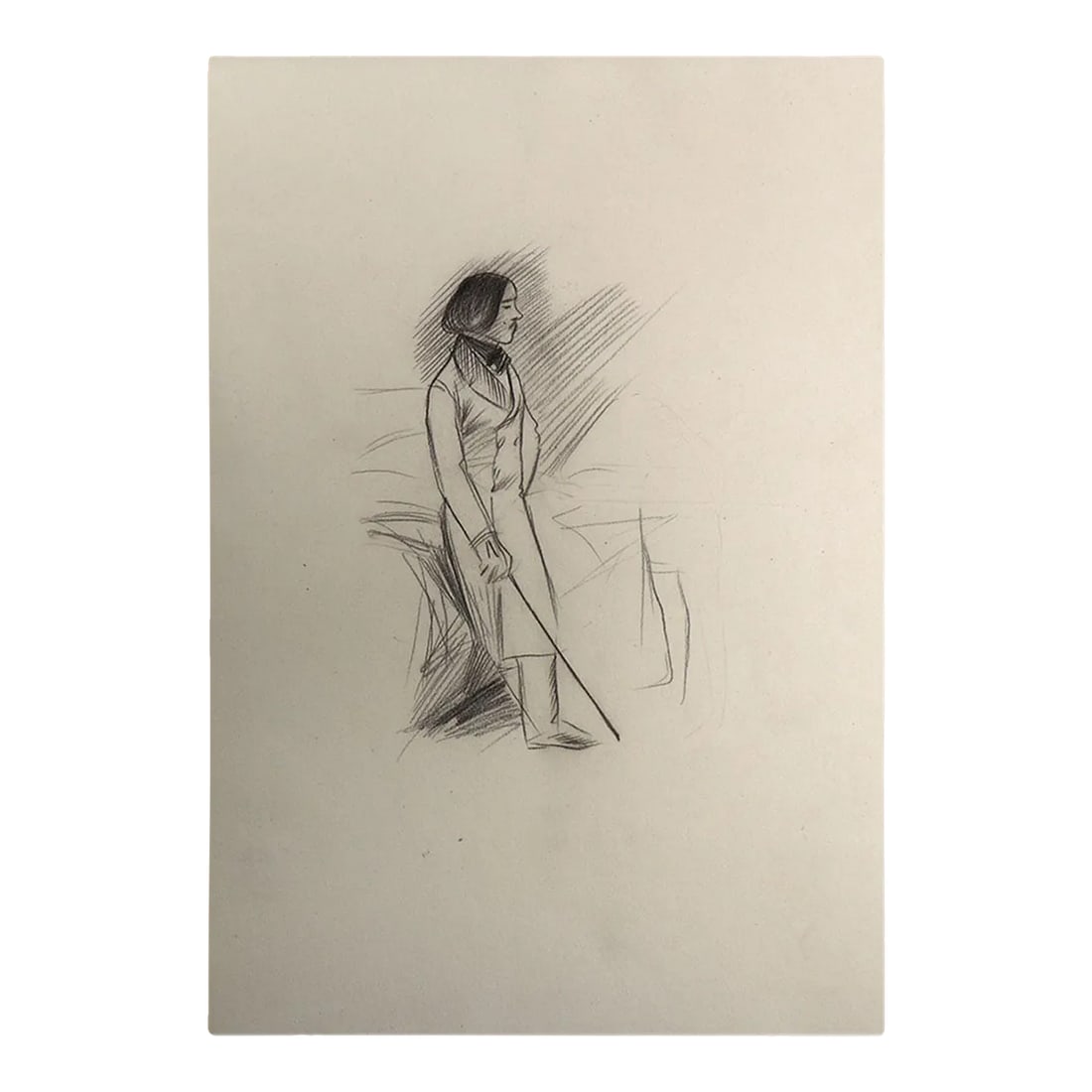 Jean-Louis Forain Black Pencil on Paper Drawing, l'Elegant: DETAILS An antique study drawing of an elegant standing gentleman with a walking stick. TITLE L'Elegant FRAMING Double mat. Unframed. PLACE OF ORIGIN France | Europe MAKER Jean-Louis Forain (French,