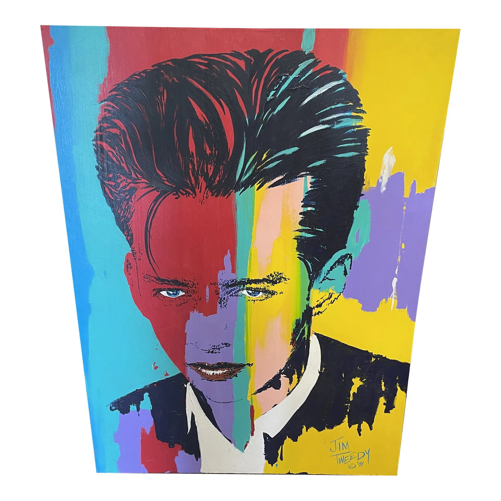 Jim Tweedy Oil Painting Portrait Harry Connick Jr. 1991: Jim Tweedy original oil painting of Harry Connick Jr. In excellent condition. 1991. Painting is 36" wide x 48" tall x 1" deep. Condition: Alterations: Original Condition Unaltered Imperfections: Some