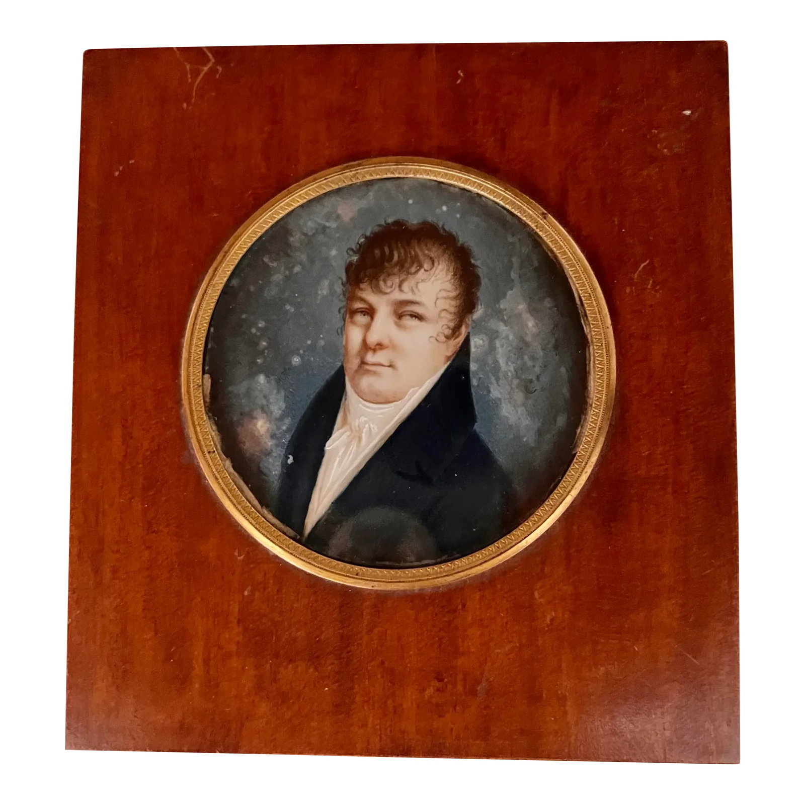 19th Century Miniature Portrait Painting of an Aristocratic Gentleman, Framed: Miniature round painting aristocrat man wooden frame 19th Pretty miniature representing an aristocrat dressed in a high-necked vest and a white shirt tied at the neck. date sign on the back note some 