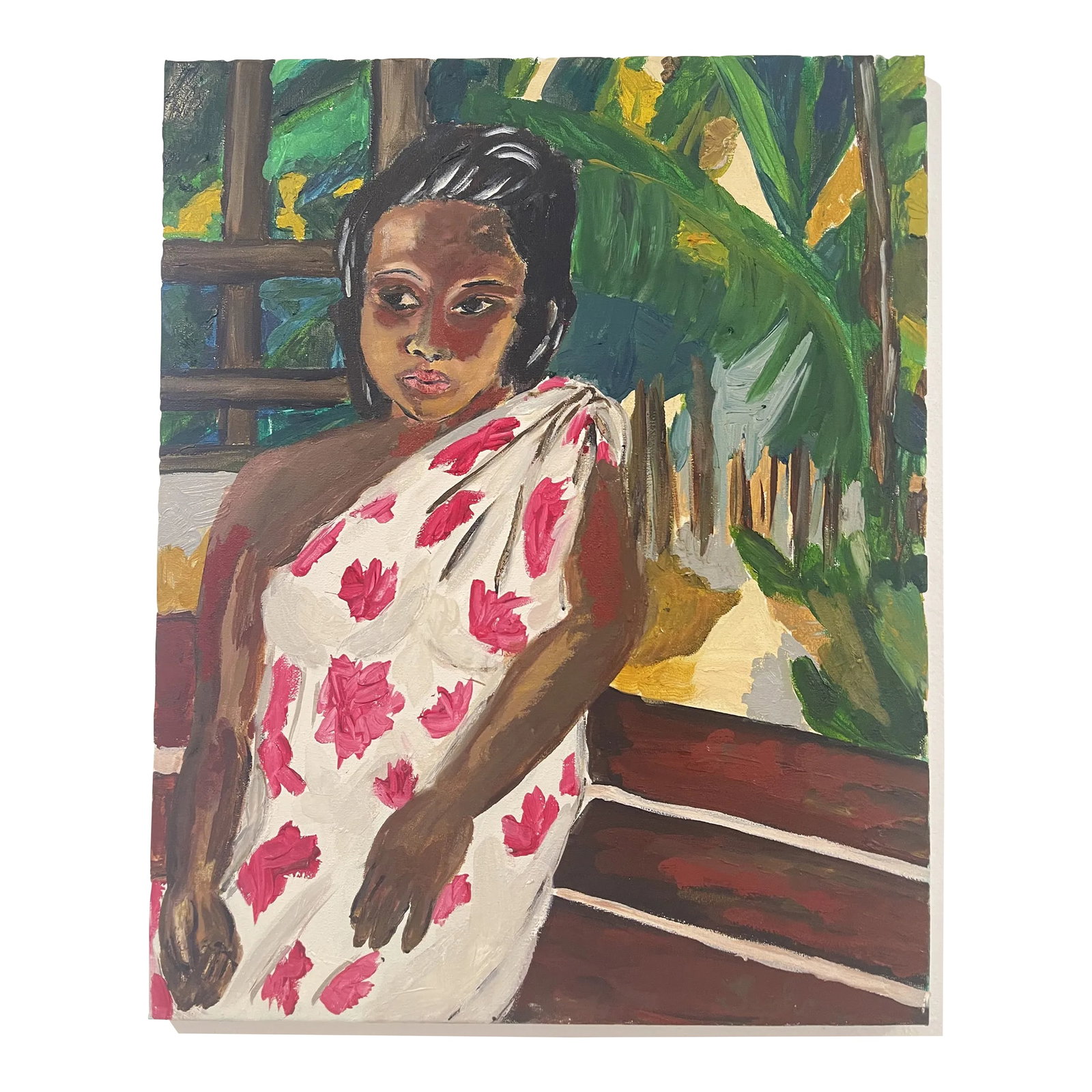 Contemporary Expressionist Portrait Oil Painting of a Polynesian Lady: Oil on canvas painting depicting a young Tahitian woman dressed in a white and red floral pareo. Sitting on a bench, in front of a window with lush vegetation behind. The bright colors of this paintin