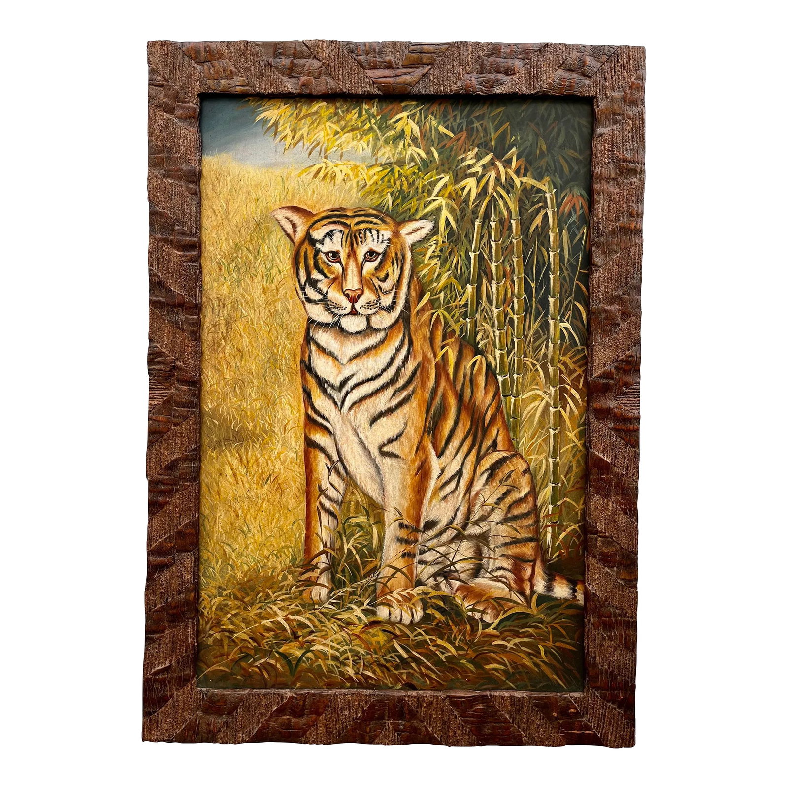 Large Late 20th Century Maitland-Smith Framed Wall Painting: Large Late 20th Century Maitland-Smith Framed Wall Painting. Circa 1990s Features a primitive art style hand painted image of a Tigre with a tropical foliage background. Framed with a beautiful rustic