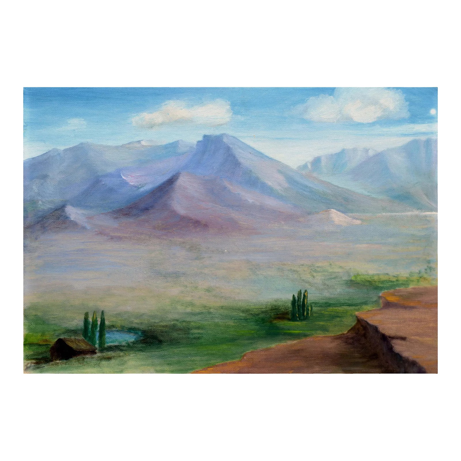 Mid Century Landscape -- Homestead Beneath a Desert Mountain by Alice M. Fink: Sweeping mid century landscape of a lone house in an expansive desert scene with colossal mountains in the distance by Alice M. Fink (American, 1880-1968). Signed "Alice M. Fink" lower left.