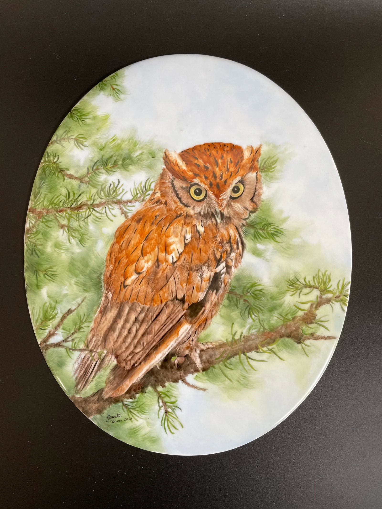 Large Hand Painted Great Horned Owl Oval Porcelain Plaque by Jeanette Davis - 13