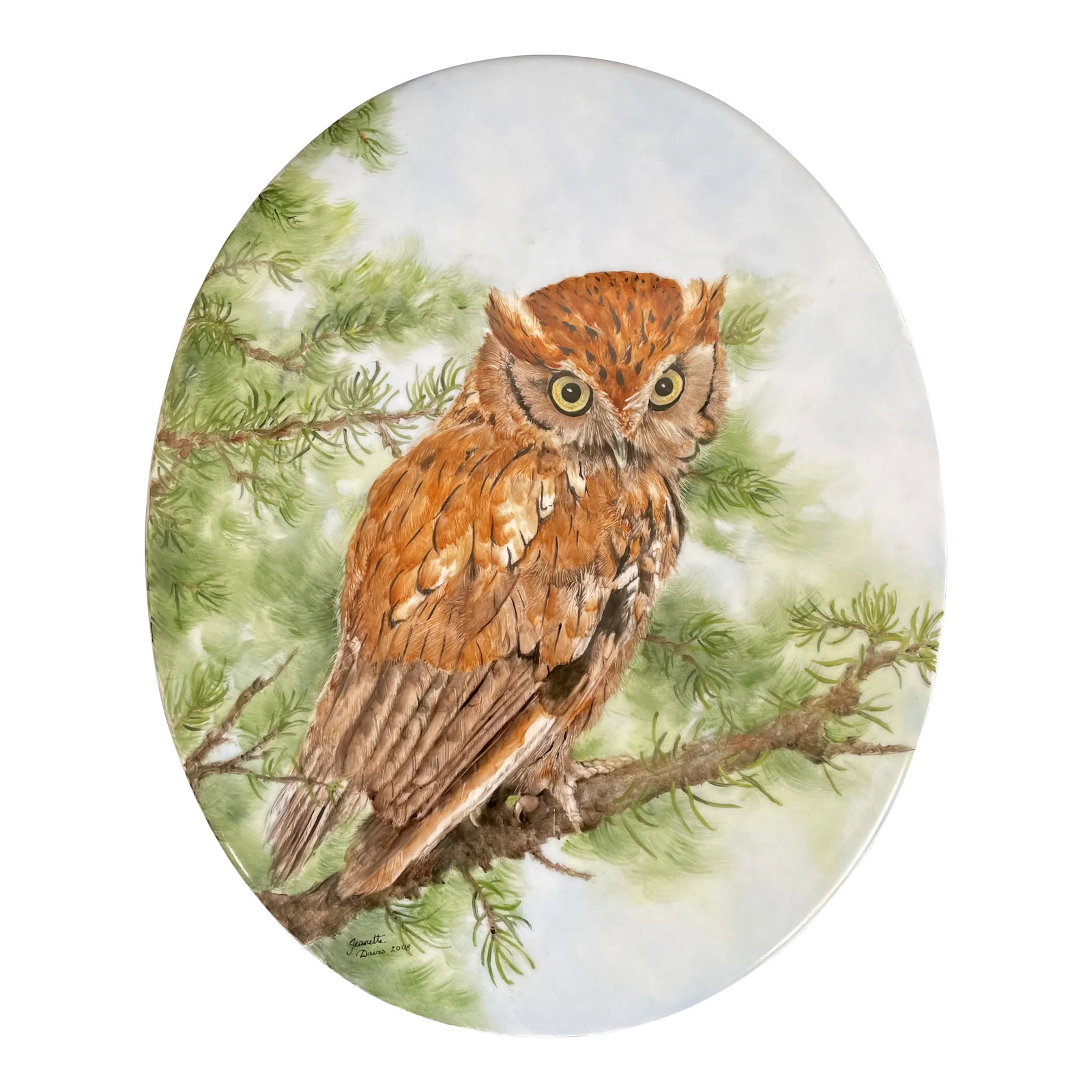Large Hand Painted Great Horned Owl Oval Porcelain Plaque by Jeanette Davis: A large oval porcelain plaque features a Great Horned Owl standing on a tree branch amidst the serene woods. Hand painted by the artist using the traditional porcelain techniques with fine details. Si