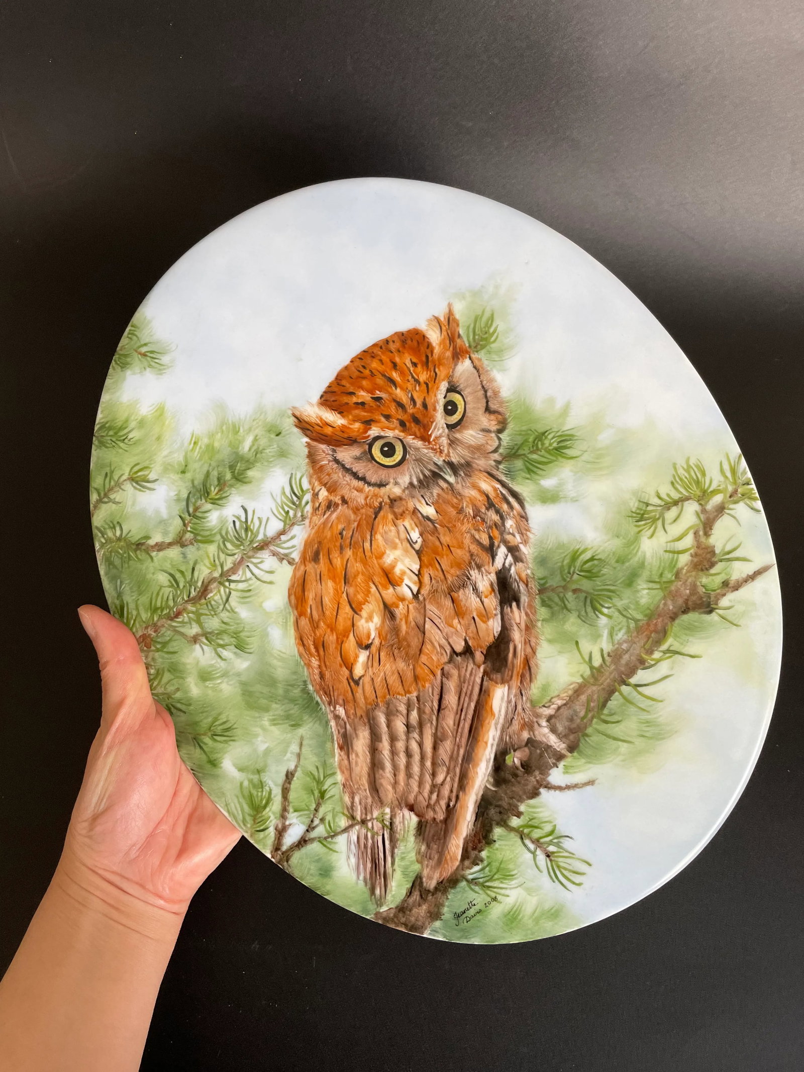 Large Hand Painted Great Horned Owl Oval Porcelain Plaque by Jeanette Davis - 2