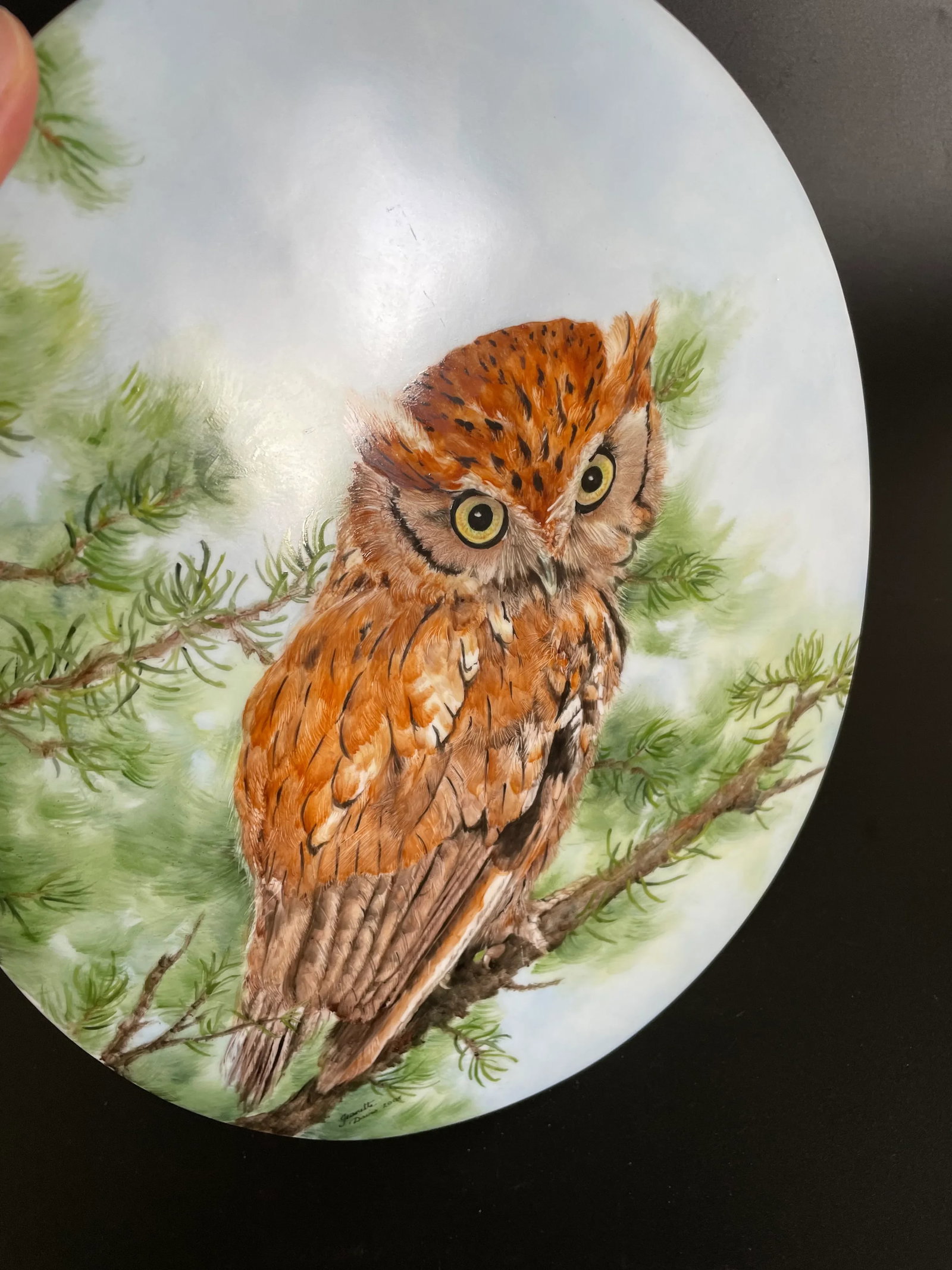 Large Hand Painted Great Horned Owl Oval Porcelain Plaque by Jeanette Davis - 5