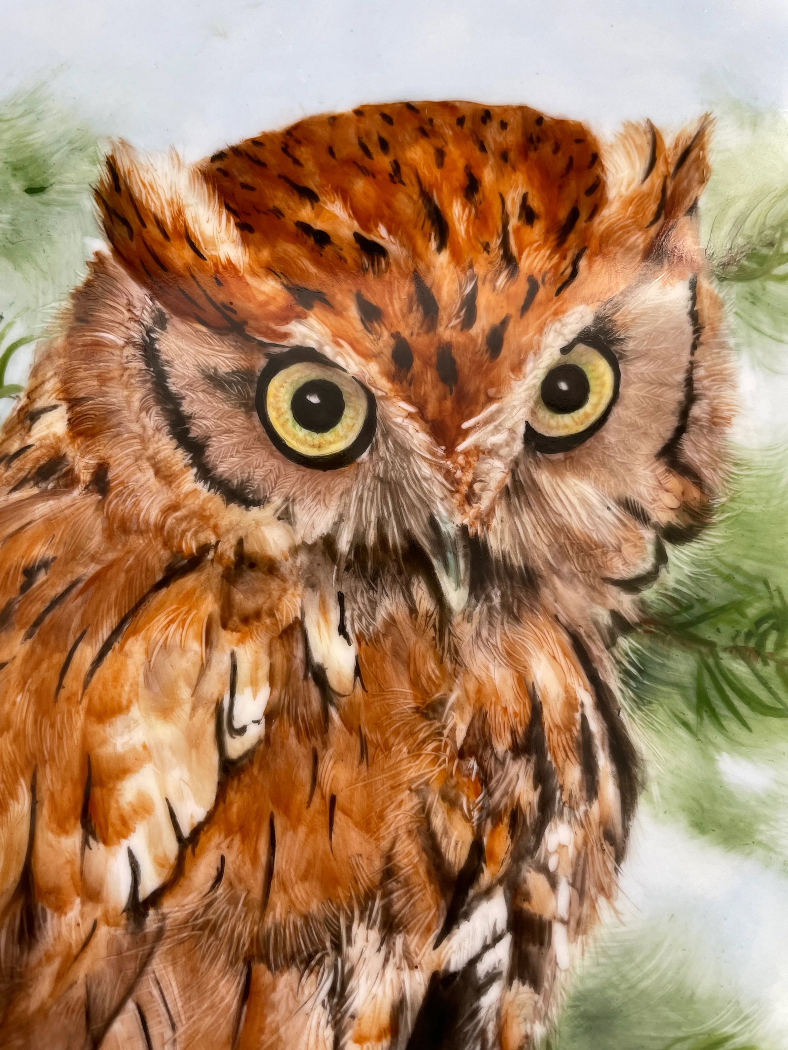 Large Hand Painted Great Horned Owl Oval Porcelain Plaque by Jeanette Davis - 6
