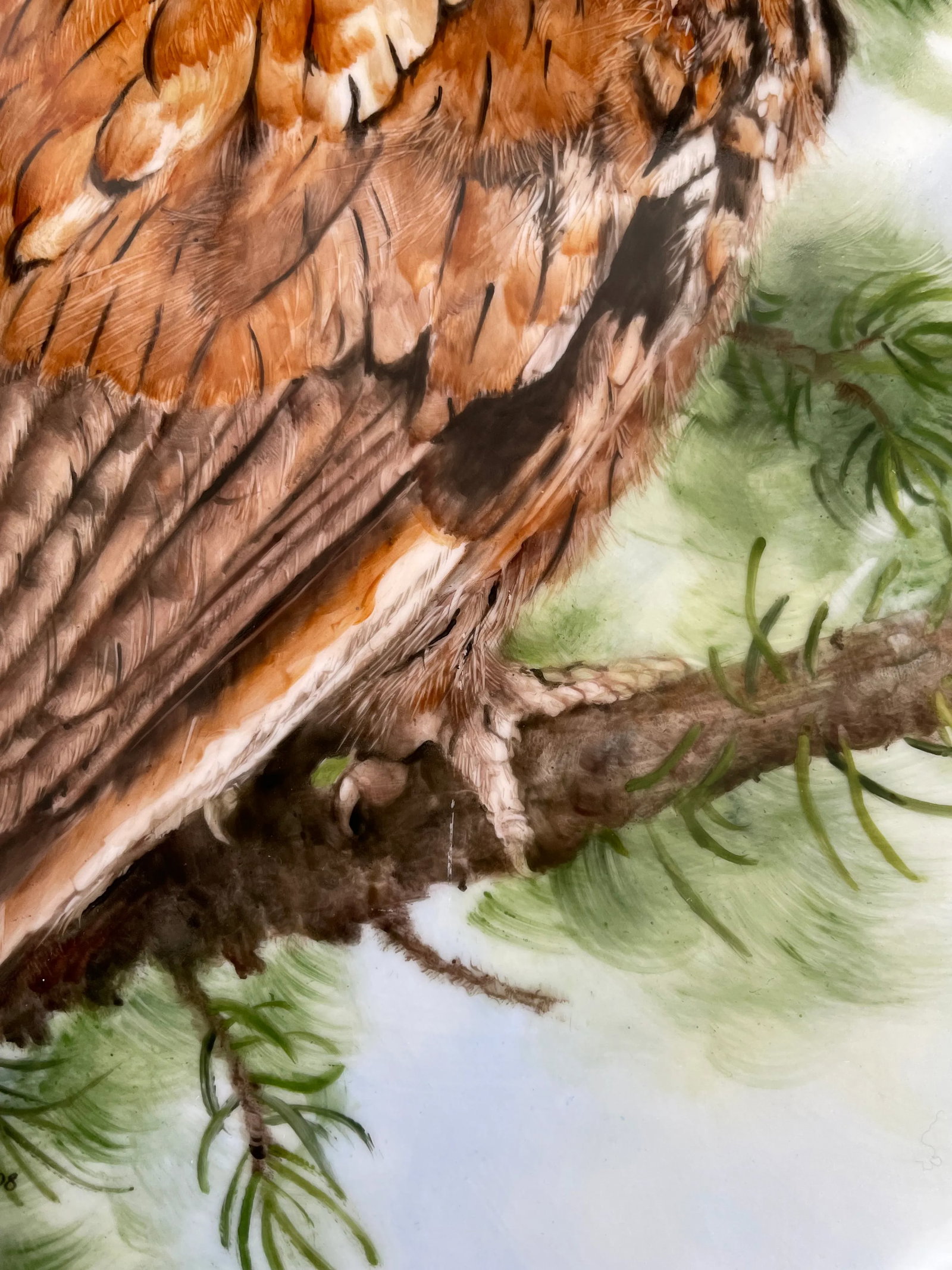 Large Hand Painted Great Horned Owl Oval Porcelain Plaque by Jeanette Davis - 7