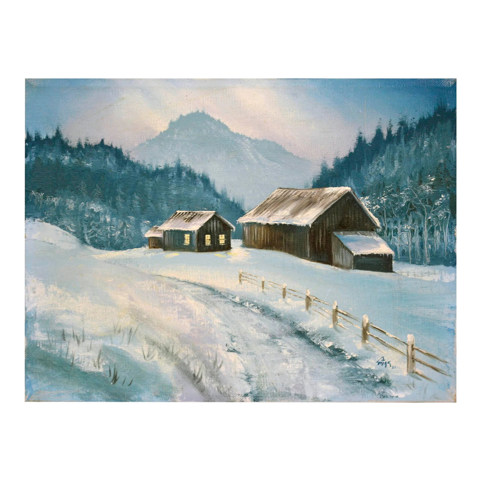 Snowy Farm - Vintage Winter Cabin Landscape: Charming winter landscape in cool colors of a snowy farm scene in the mountains by an unknown artist. Signed "Fiiak" or "Fijak" "Kirk" and dated '81 lower right. Unframed. Image size: 9"H x 12"W.
