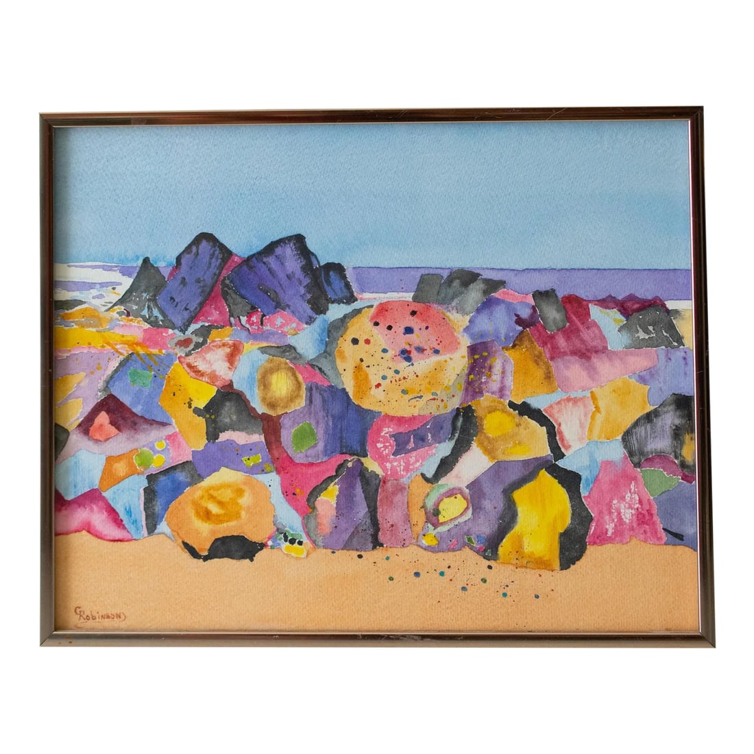 1990s Fauvist Postmodern Beach Scene Watercolor Painting, Framed: This listing is for an original, abstract, watercolor painting depicting a coastal, beach scene. The work is signed by the artist. There is glass overtop, with wire on the back for hanging,