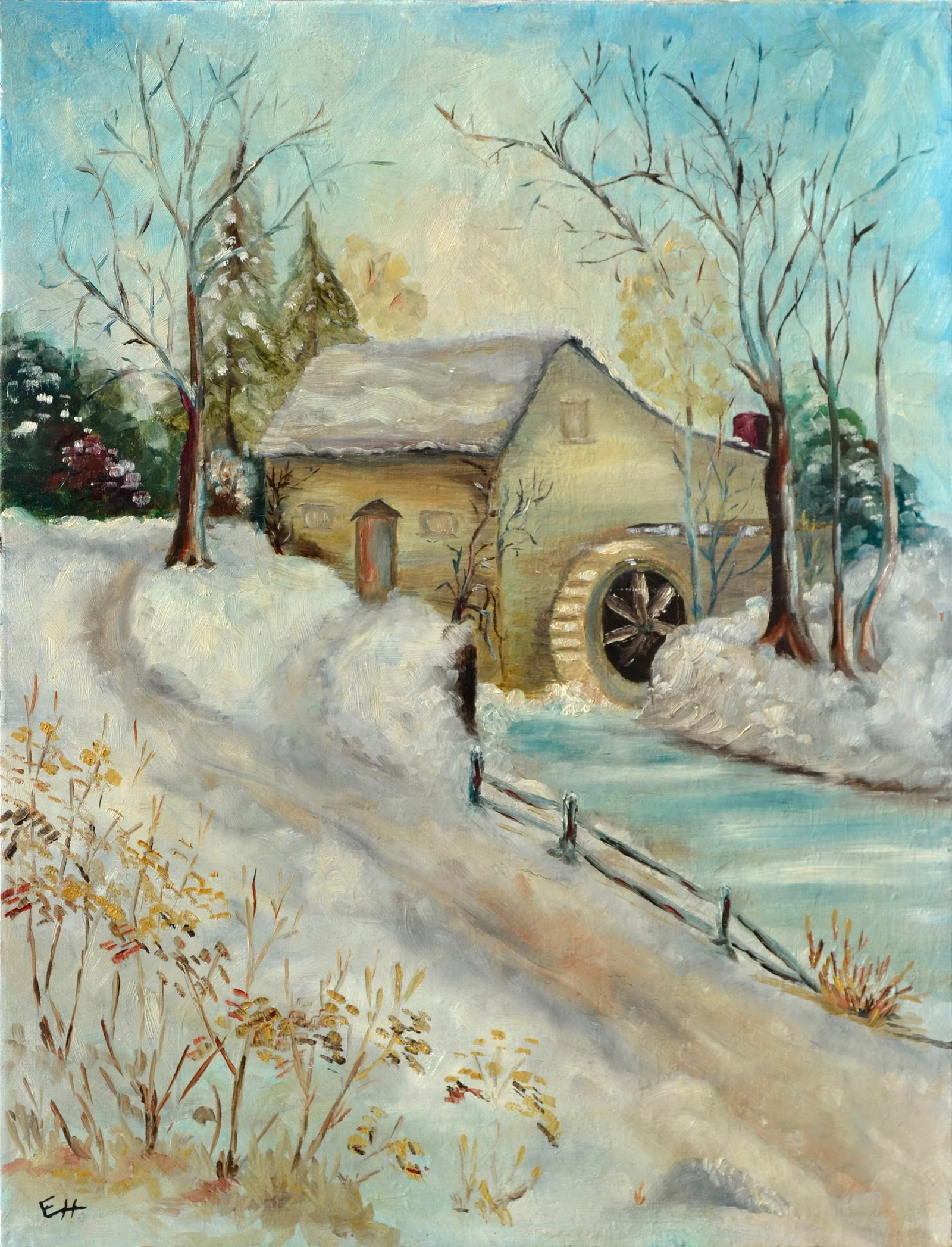 Early 20th Century "Snow Scene With Old Mill" Winter Landscape Painting by E. Harrison: Bright winter landscape of an old mill in the snow by E. Harrison (American, 20th Century). Signed "E. H." lower left. Unframed. Image, 16"H x 20"L. Condition: Alterations: Original Condition