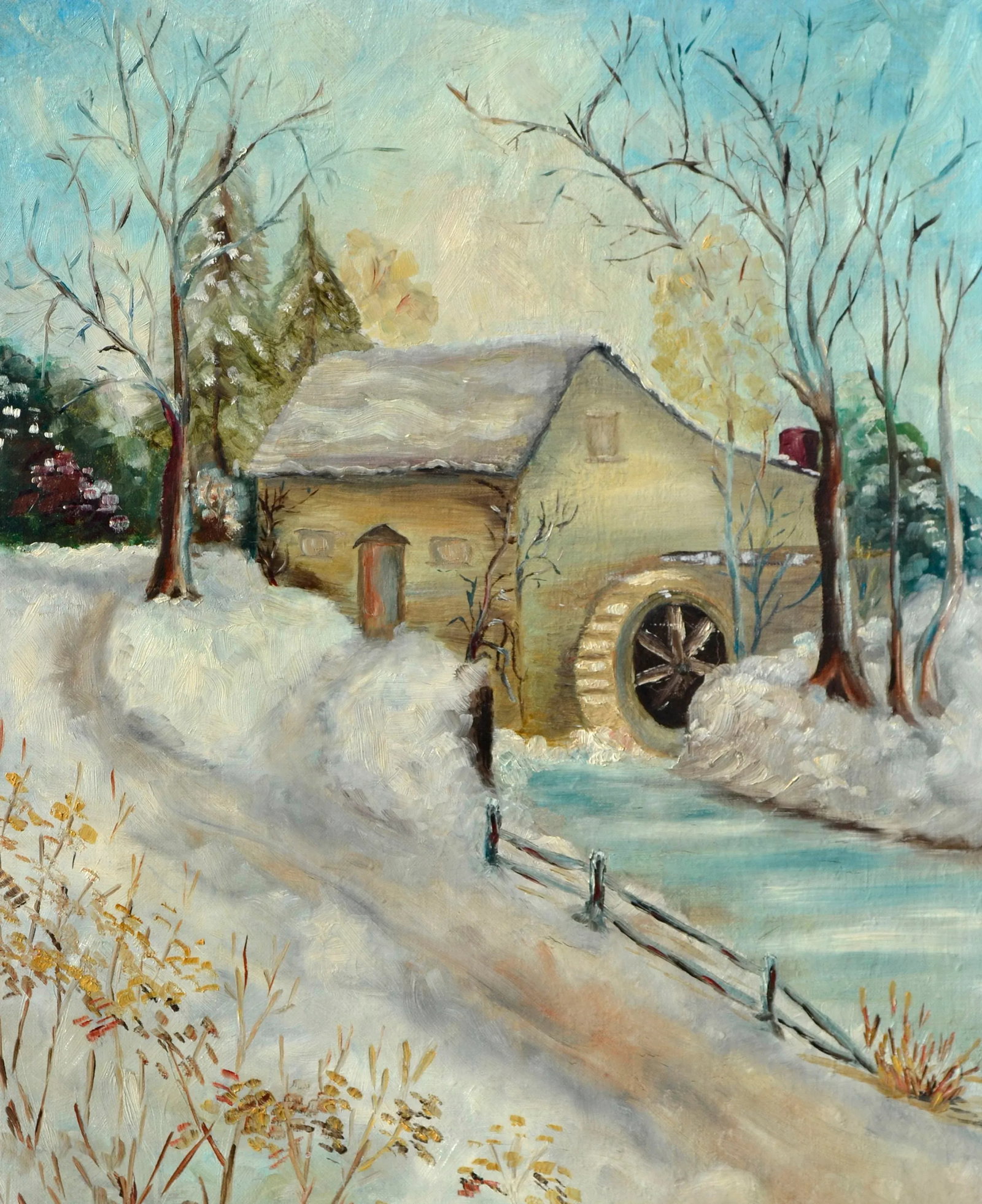 Early 20th Century "Snow Scene With Old Mill" Winter Landscape Painting by E. Harrison - 2